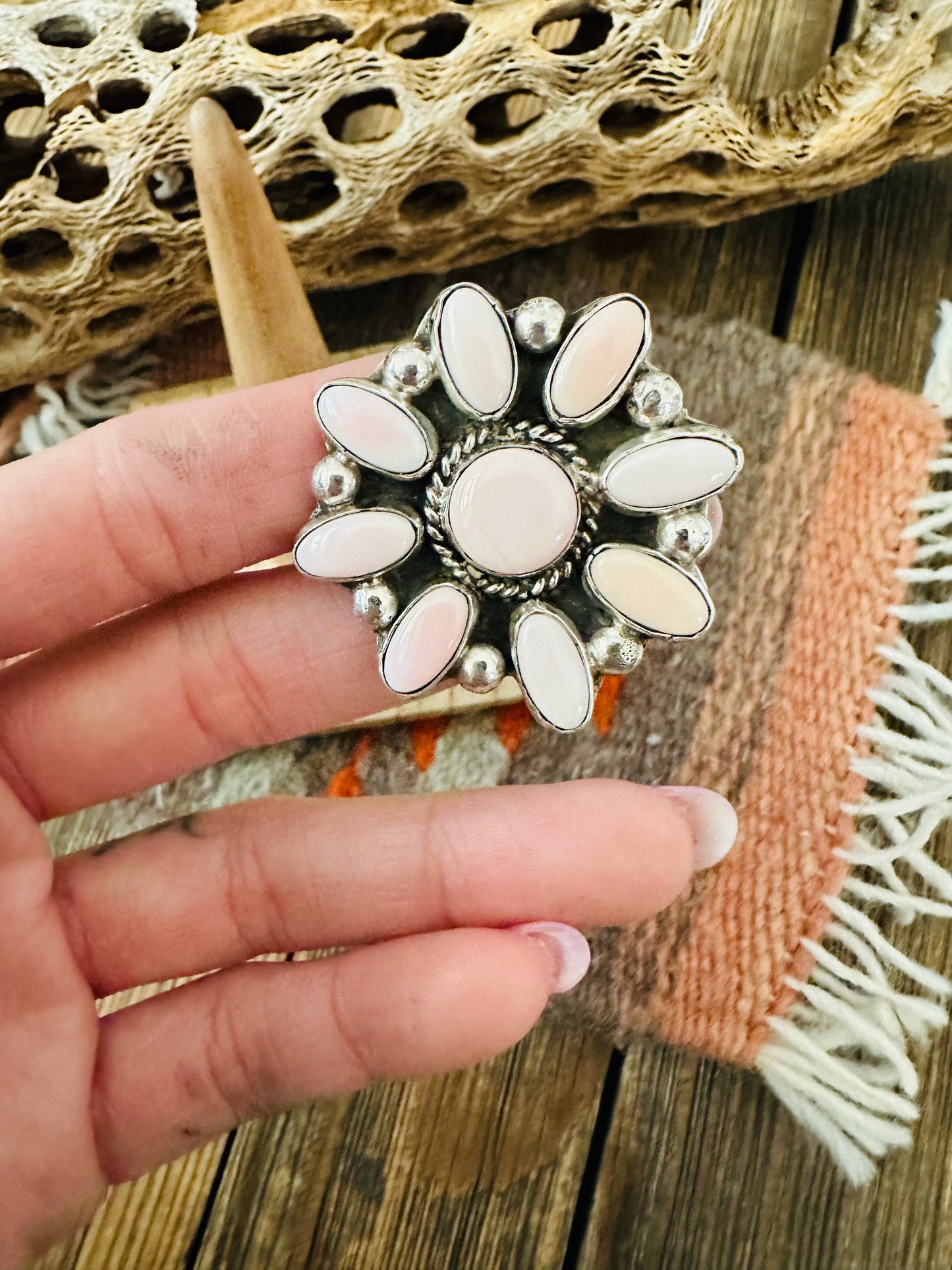 Navajo Sterling Silver and Queen Pink Conch Shell Adjustable Flower Ring
