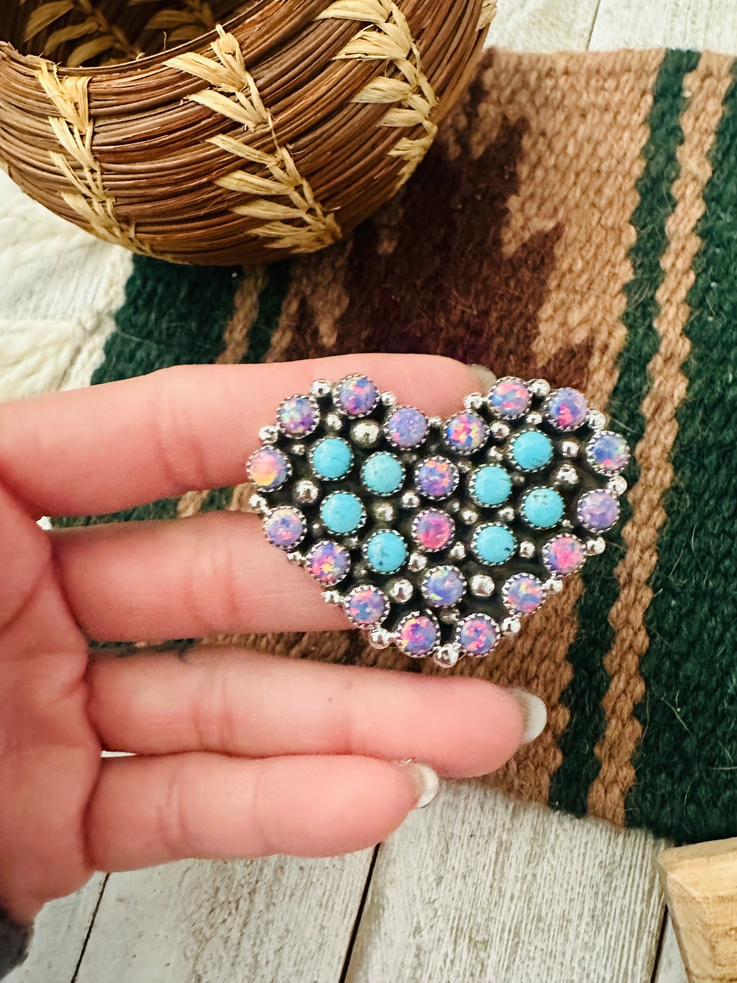 Navajo Sterling Silver, Opal & Turquoise Cluster Adjustable Heart Ring
