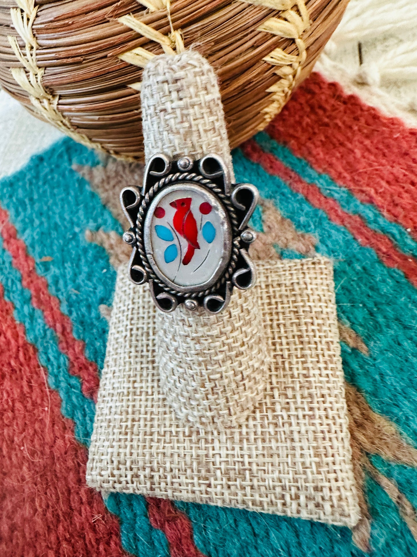 Old Pawn Vintage Zuni Sterling Silver & Multi Stone Inlay Bird Ring Size 5.5