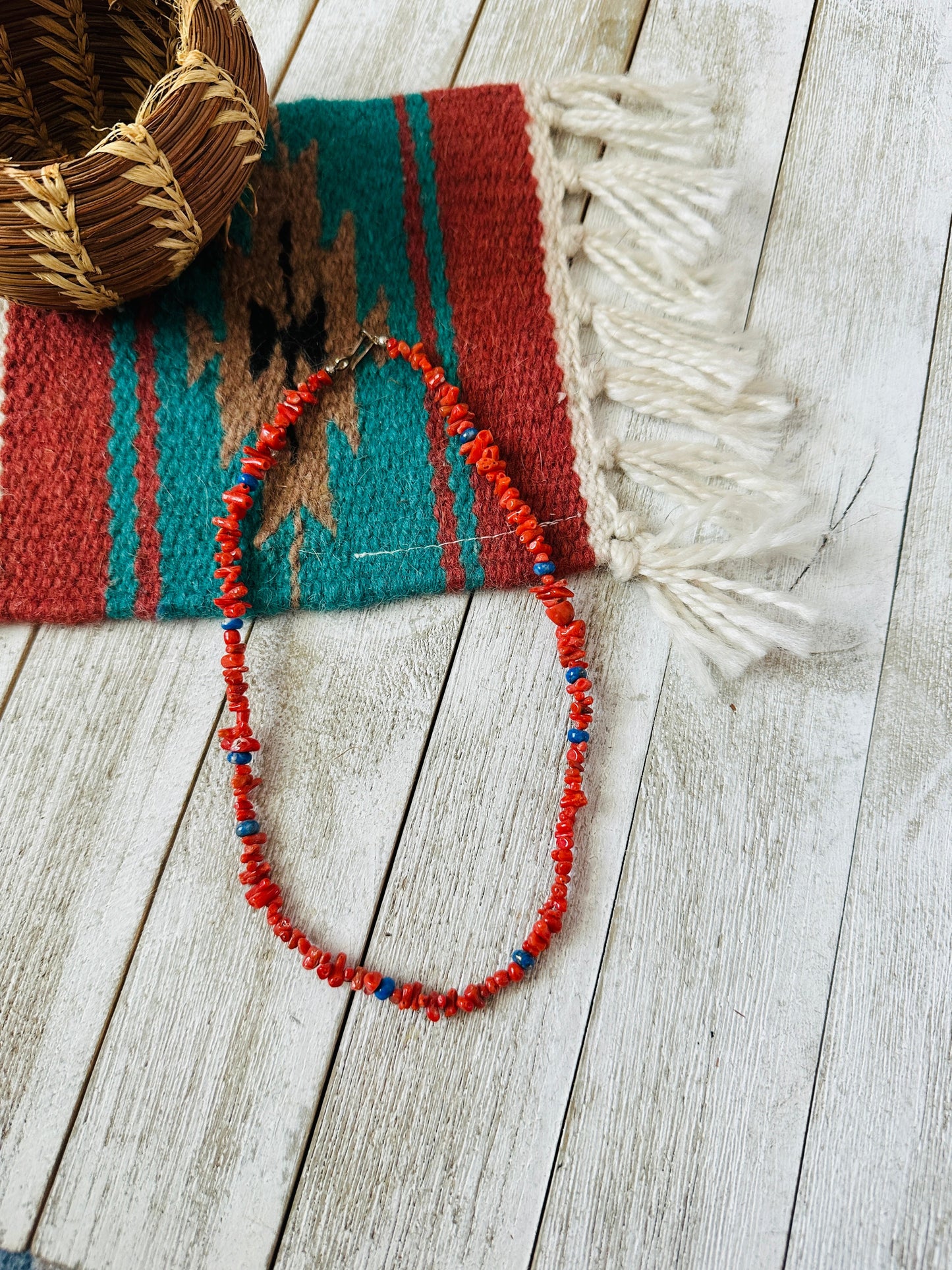 Navajo Apple Coral, Lapis & Sterling Beaded Necklace