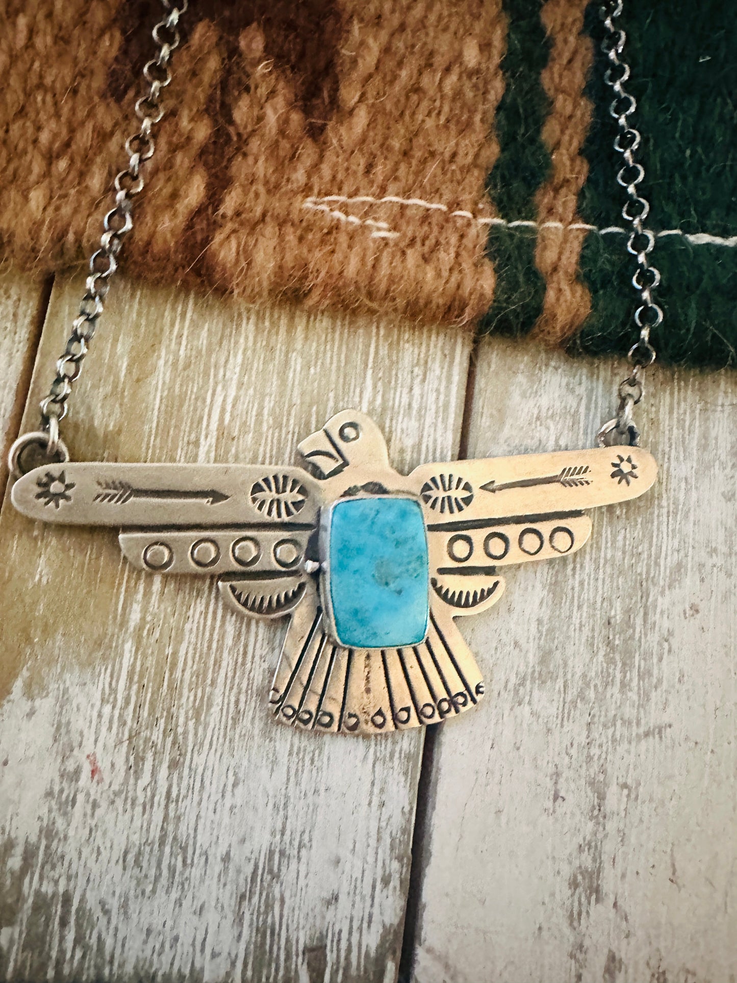 Navajo Turquoise & Sterling Silver Thunderbird Necklace by Russell Sam