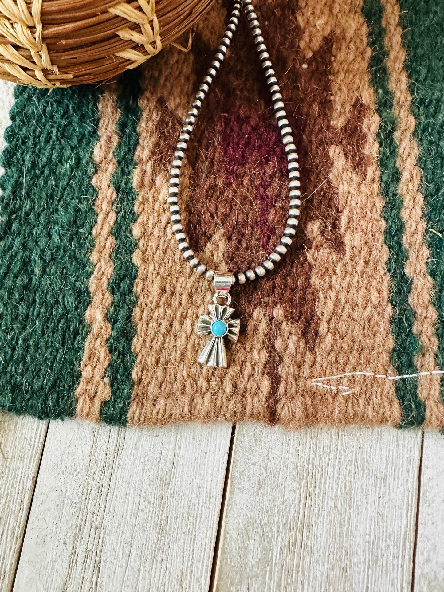 Navajo Turquoise & Sterling Silver Mini Cross Pendant