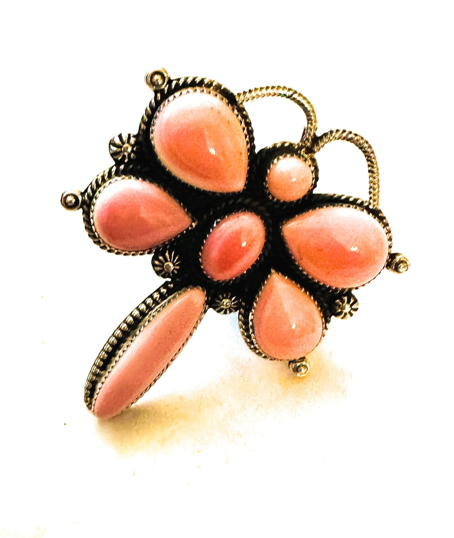 Navajo Sterling Silver and Queen Pink Conch Shell Dragonfly Adjustable Ring