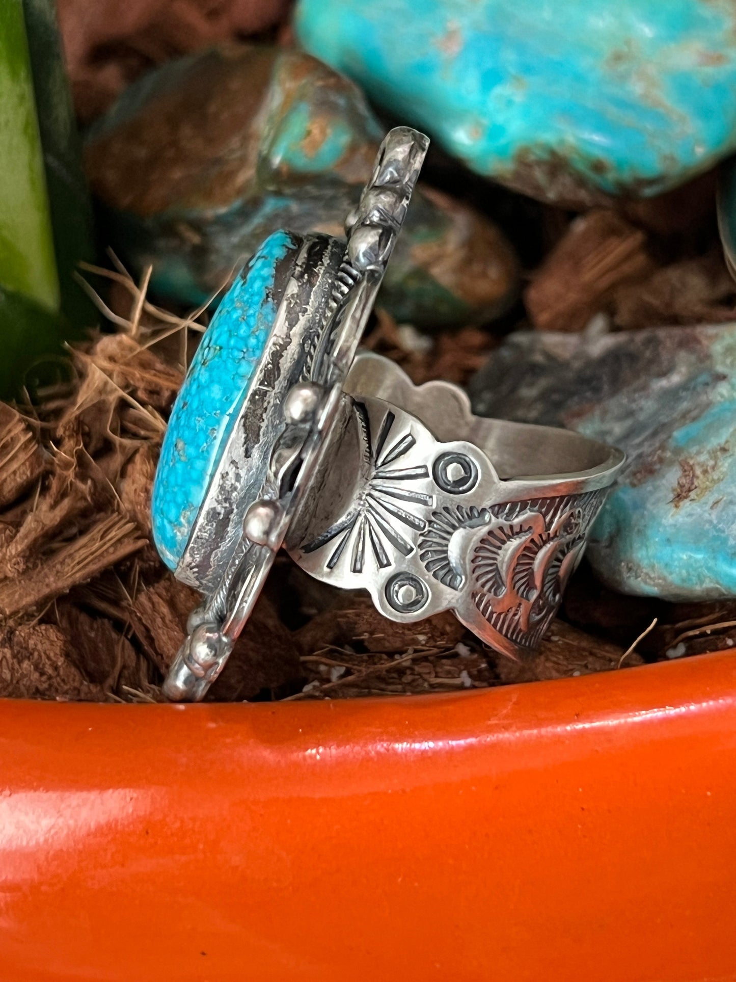 Navajo Sterling Silver and Natural Kingman Web Ring by Boyd Ashley, Size 8
