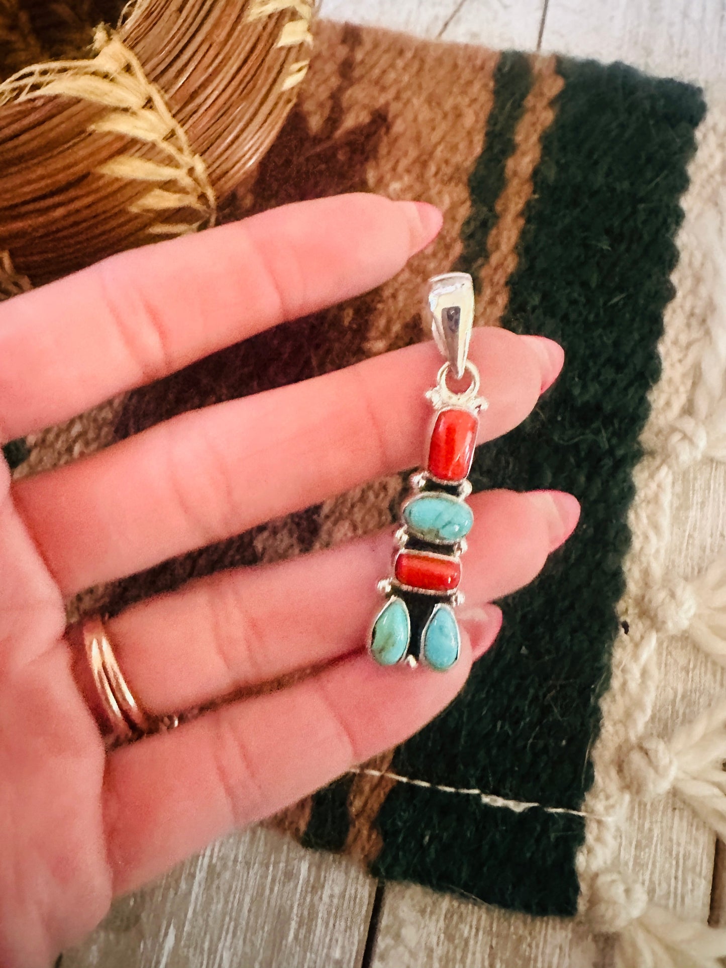 ** Christmas Collection ** Handmade Sterling Silver, Coral & Turquoise Pendant Signed Nizhoni