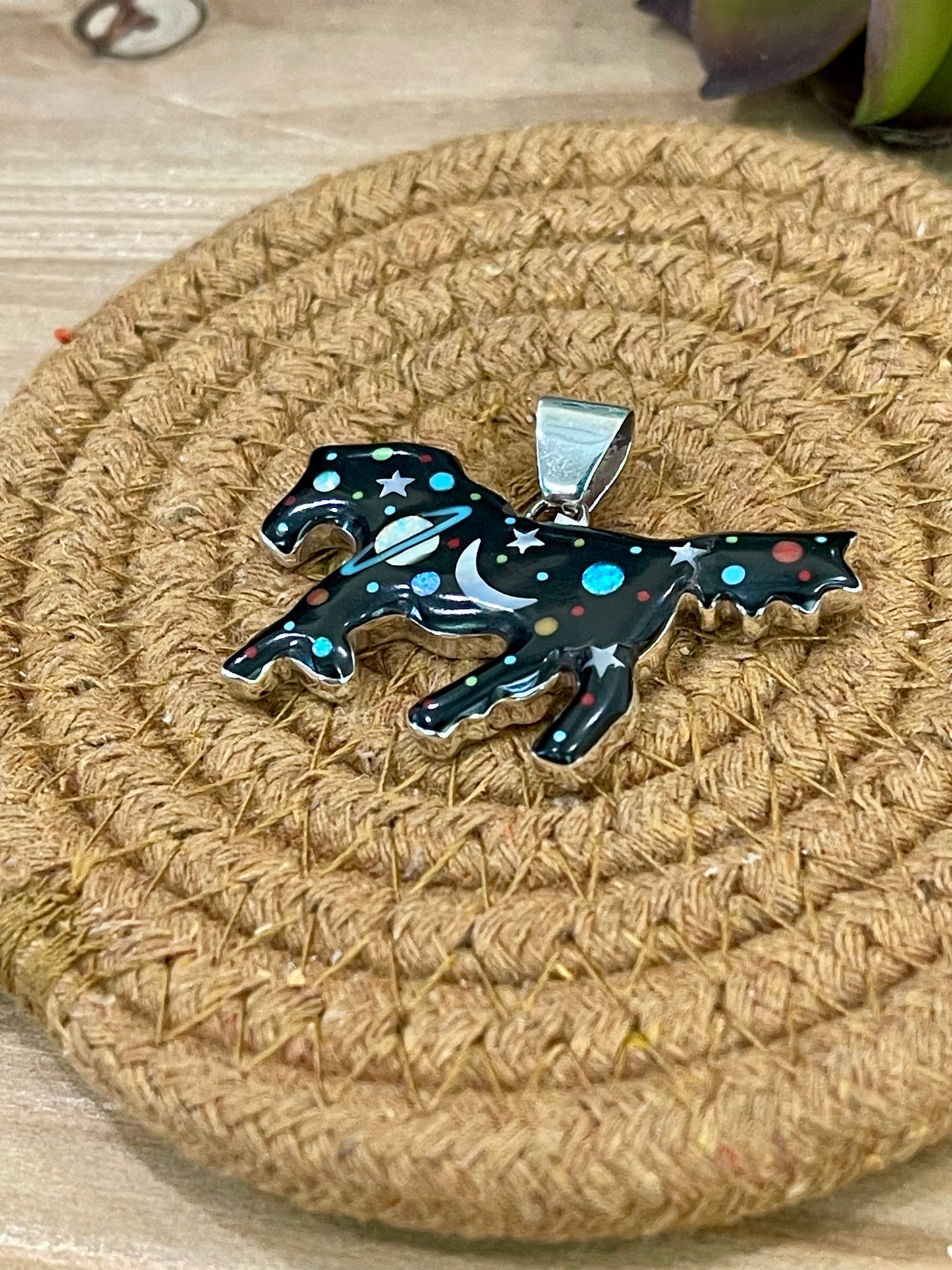 Handmade Sterling Silver Multi Stone Space Horse Pendant