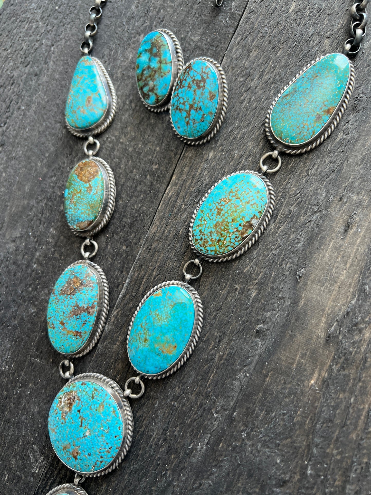 Navajo Sterling Silver and Birdseye Kingman Turquoise Y-Style Lariat Necklace and Earrings Set by Peggy Skeets