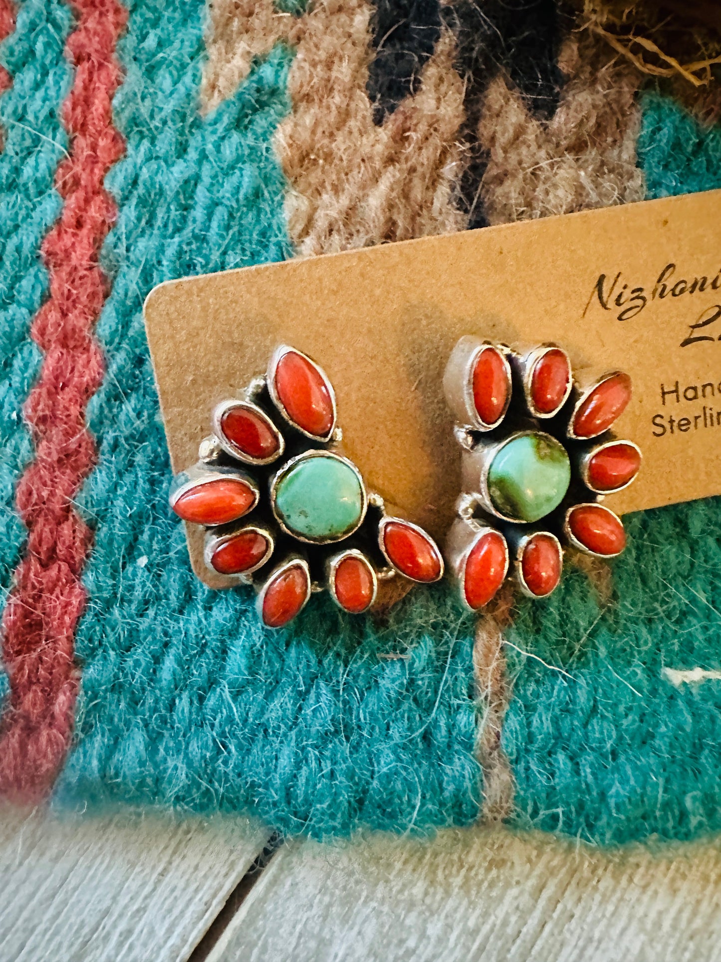 ** Christmas Collection ** Handmade Sterling Silver, Coral & Turquoise Cluster Earrings Signed Nizhoni