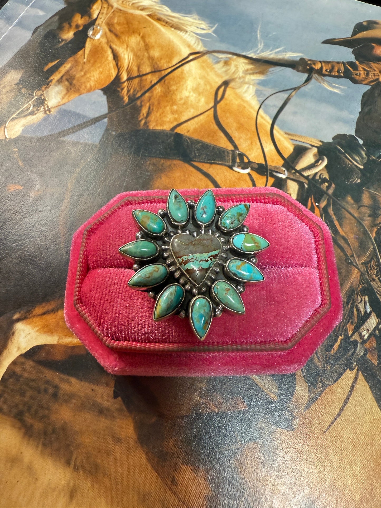 Handmade Sterling Silver, Kingman Turquoise, Ribbon Turquoise Adjustable Heart Ring