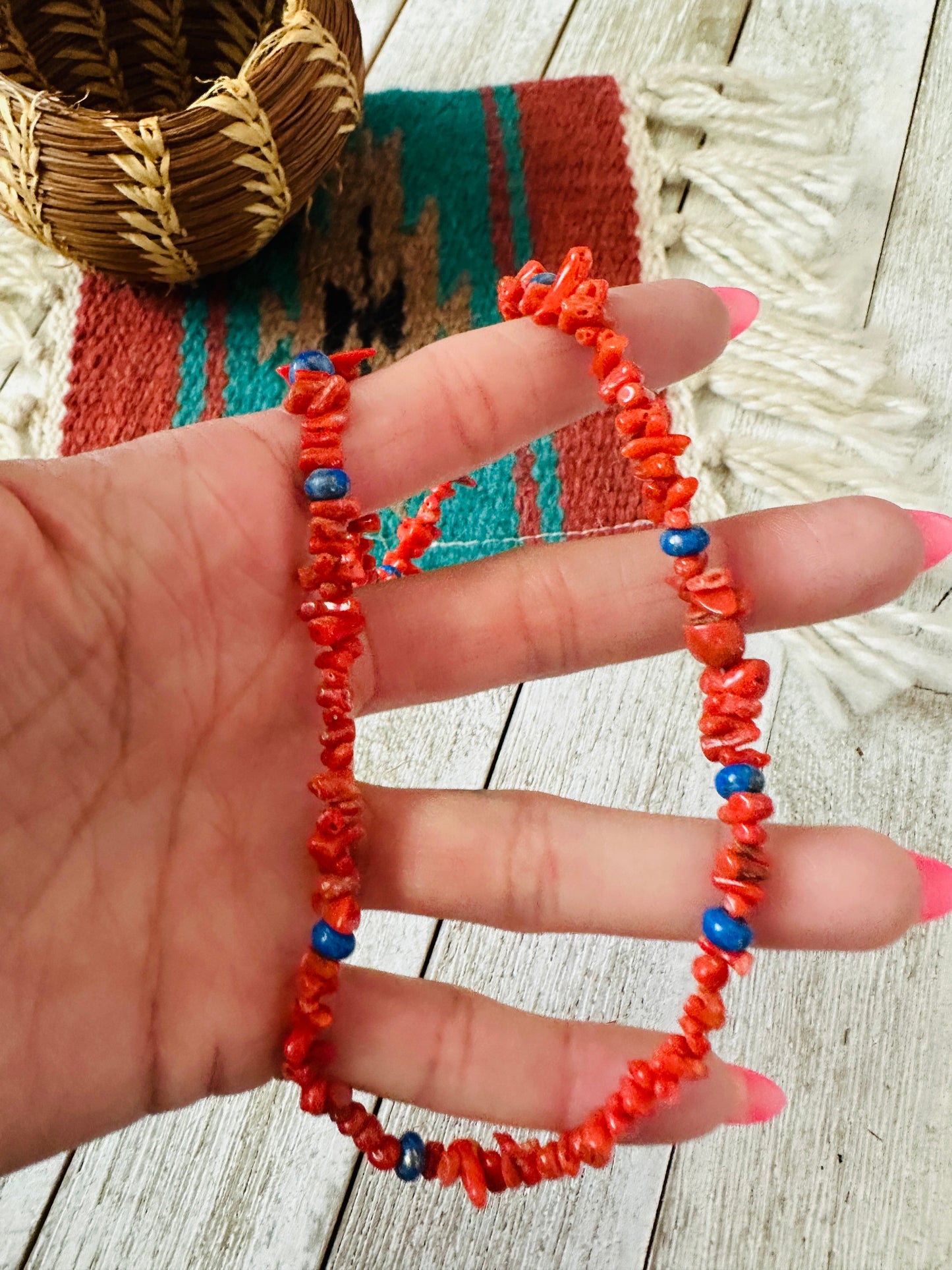 Navajo Apple Coral, Lapis & Sterling Beaded Necklace