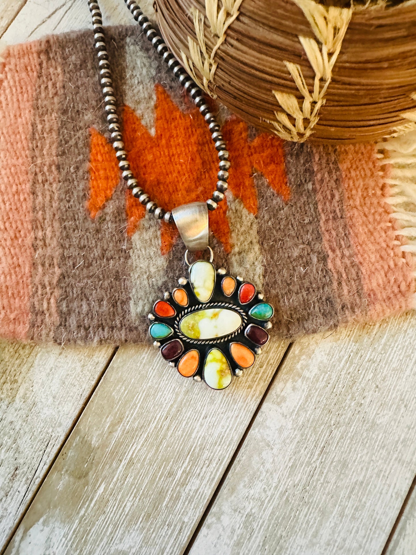 Navajo Electric Rainbow Turquoise, Spiny & Sterling Silver Cluster Pendant by Angela Martin