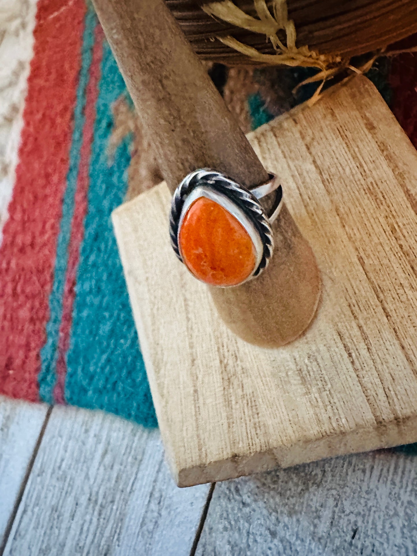 Navajo Orange Spiny Oyster & Sterling Silver Teardrop Ring