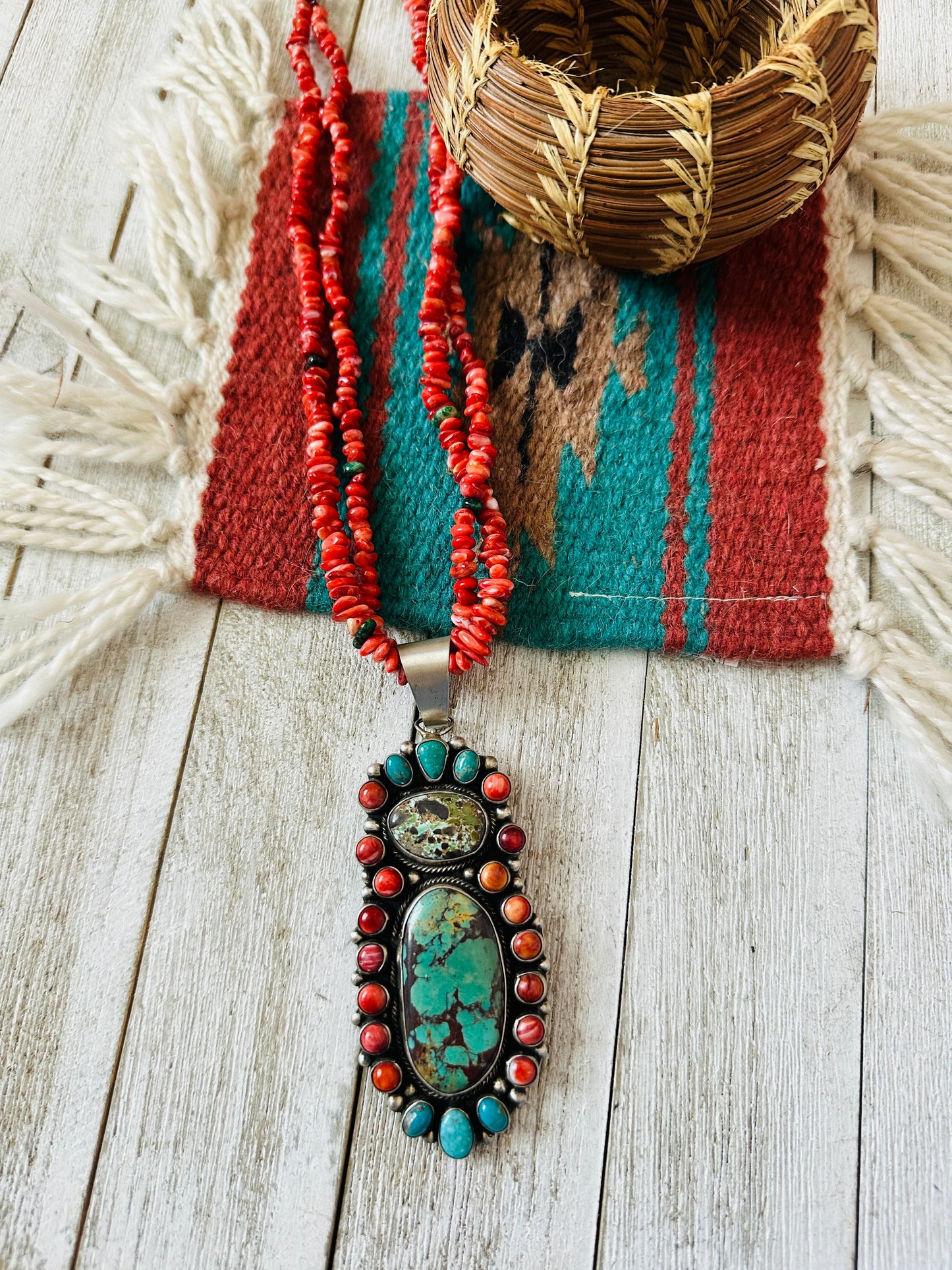 Navajo Sterling Silver, Spiny & Turquoise Cluster Beaded Necklace