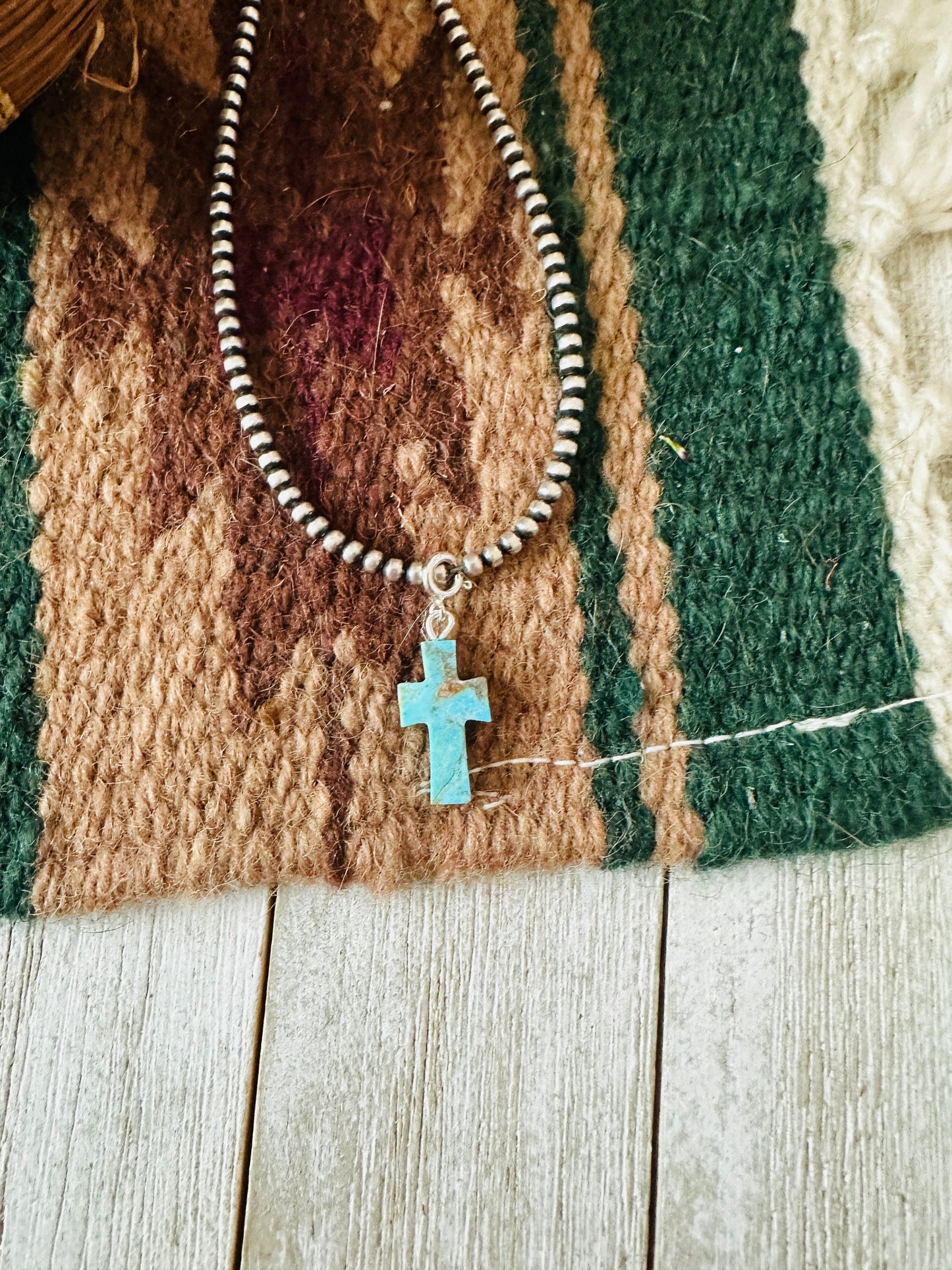 Navajo Hand Carved Turquoise Cross Charm
