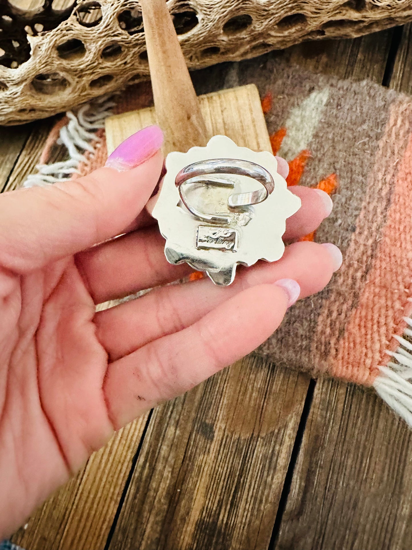 Navajo Sterling Silver and Queen Pink Conch Shell Adjustable Flower Ring
