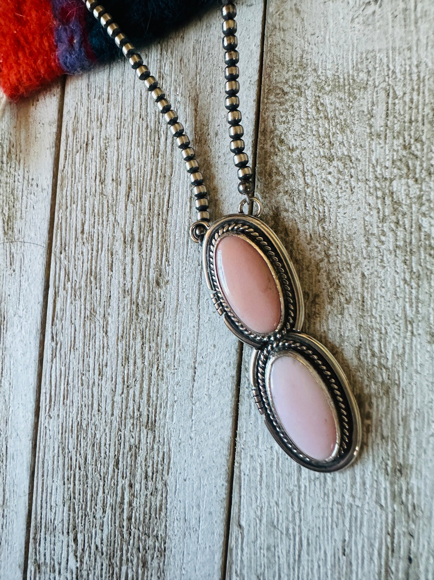 Navajo 2 Stone Queen Pink Conch & Sterling Silver Pearl Beaded Necklace