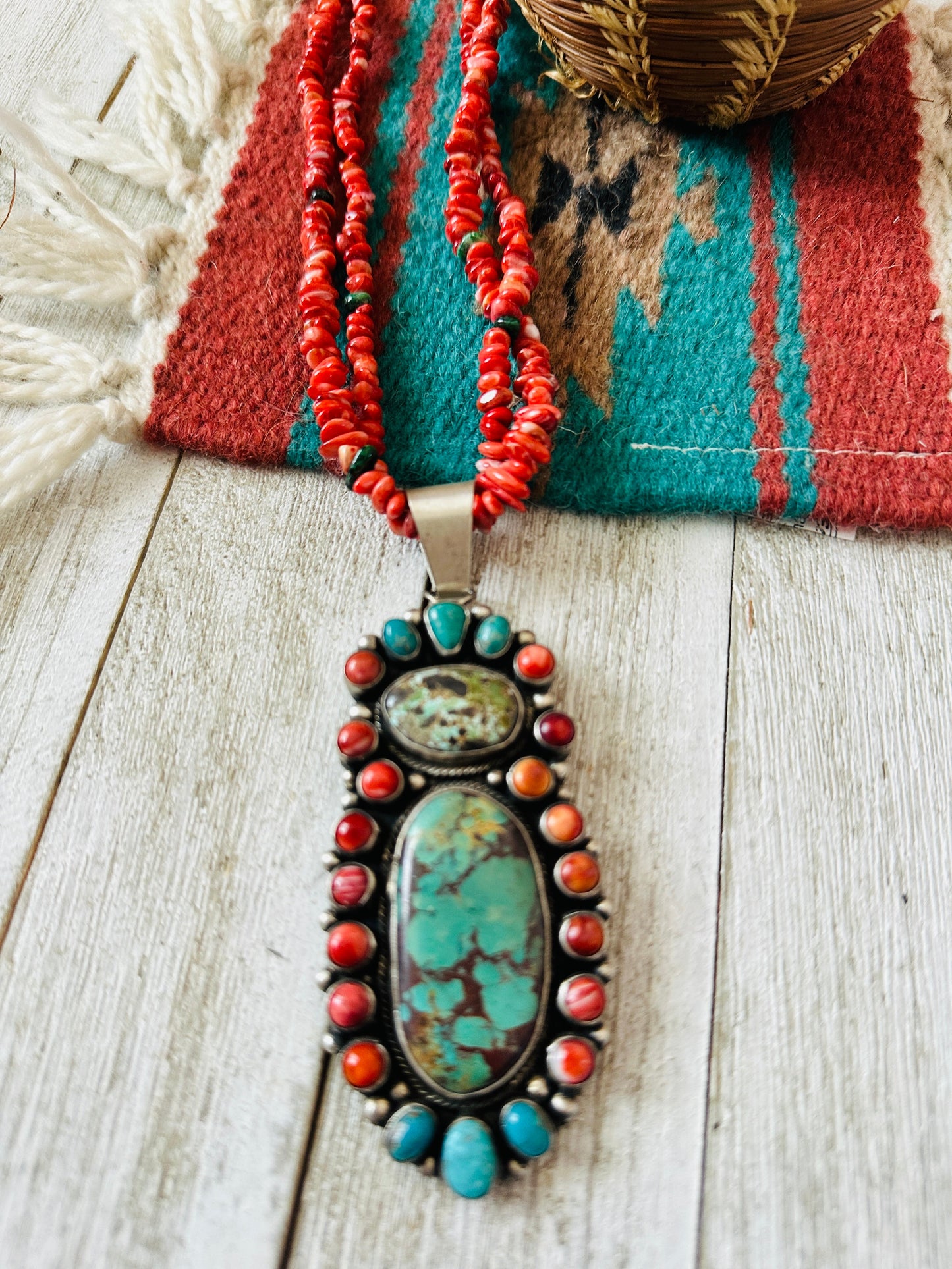 Navajo Sterling Silver, Spiny & Turquoise Cluster Beaded Necklace