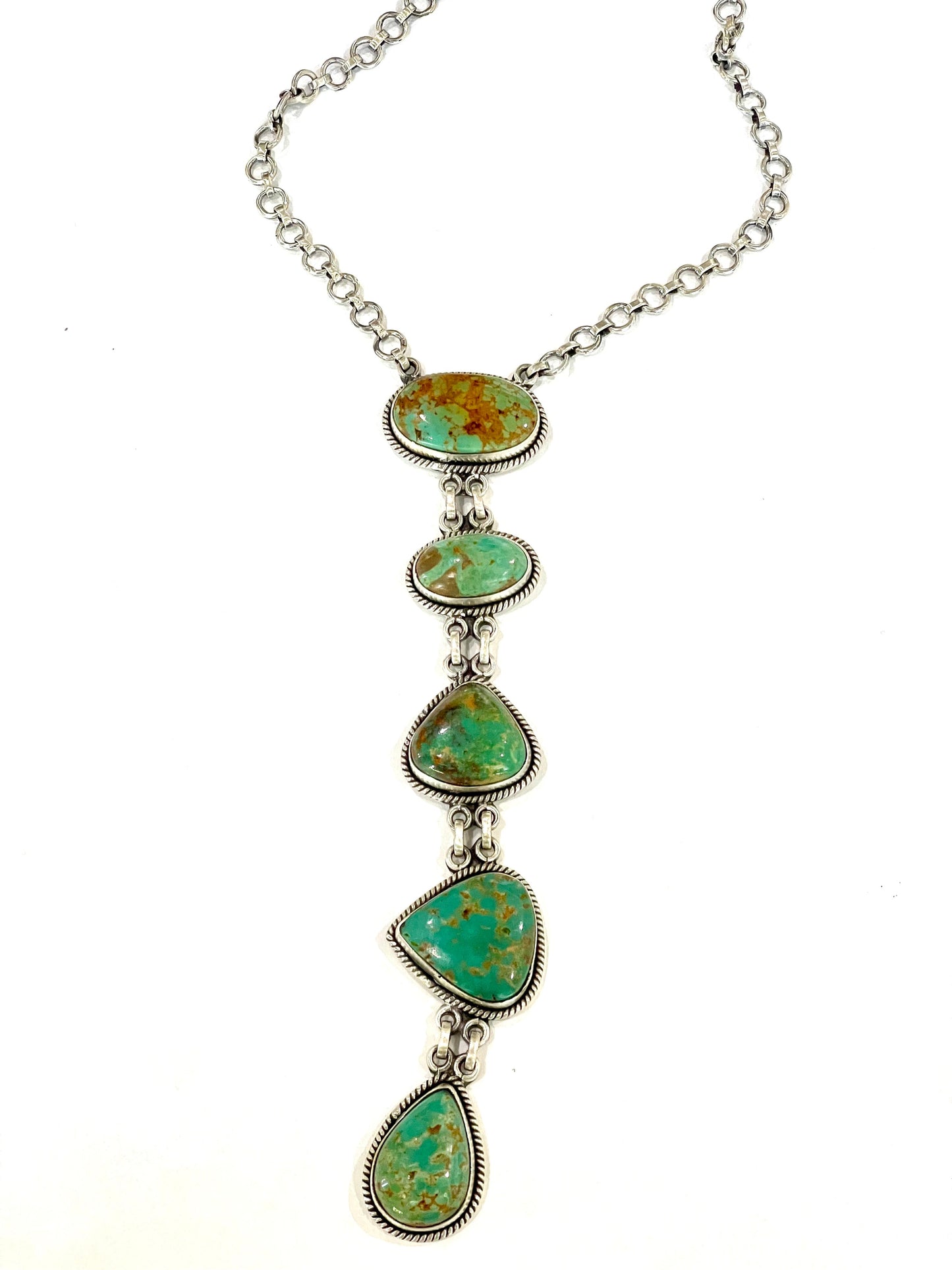 Handmade Sterling Silver & Royston Turquoise 5 Stone Drop Necklace Signed Nizhoni