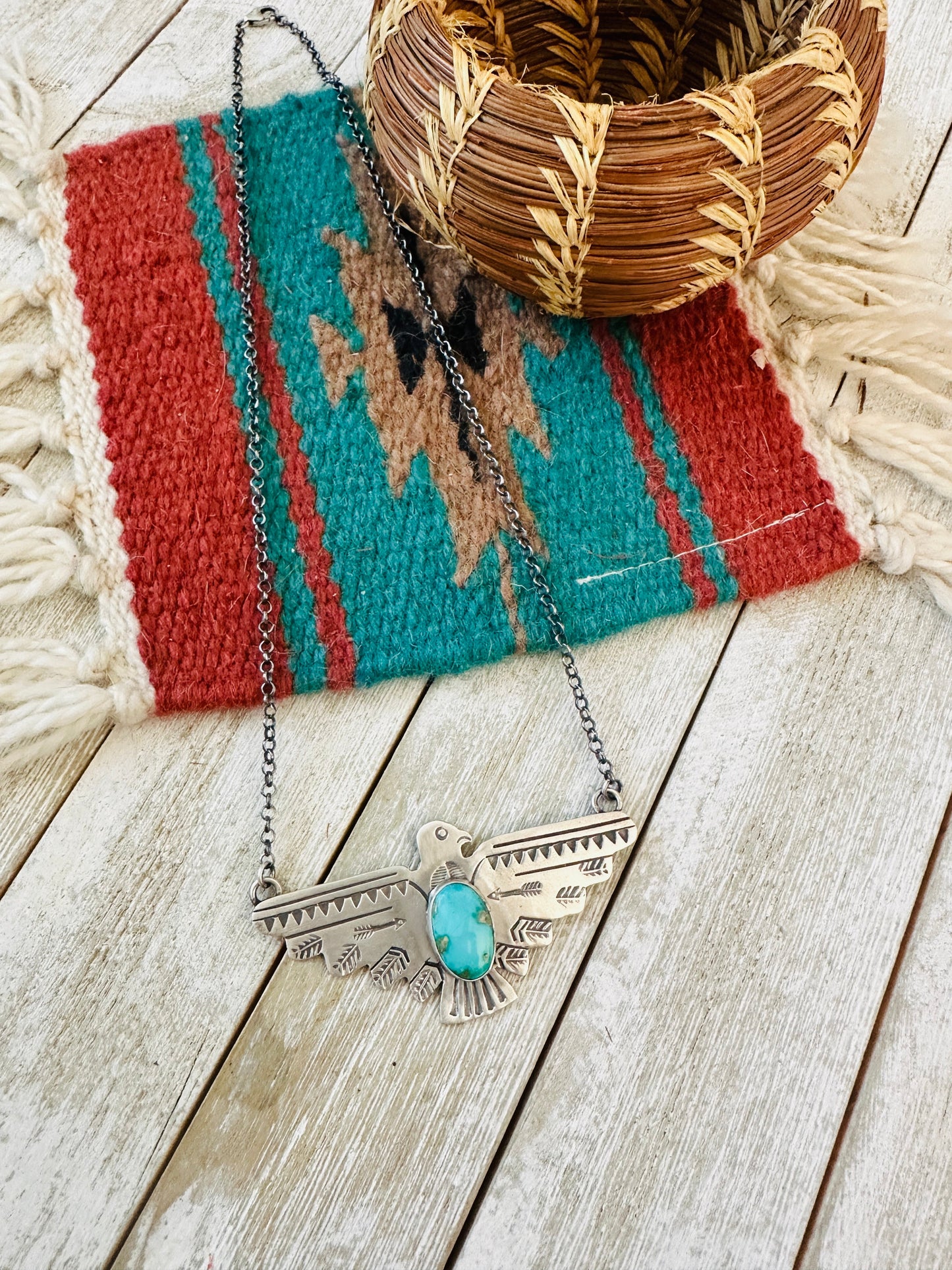 Navajo Turquoise & Sterling Silver Thunderbird Necklace by Russell Sam
