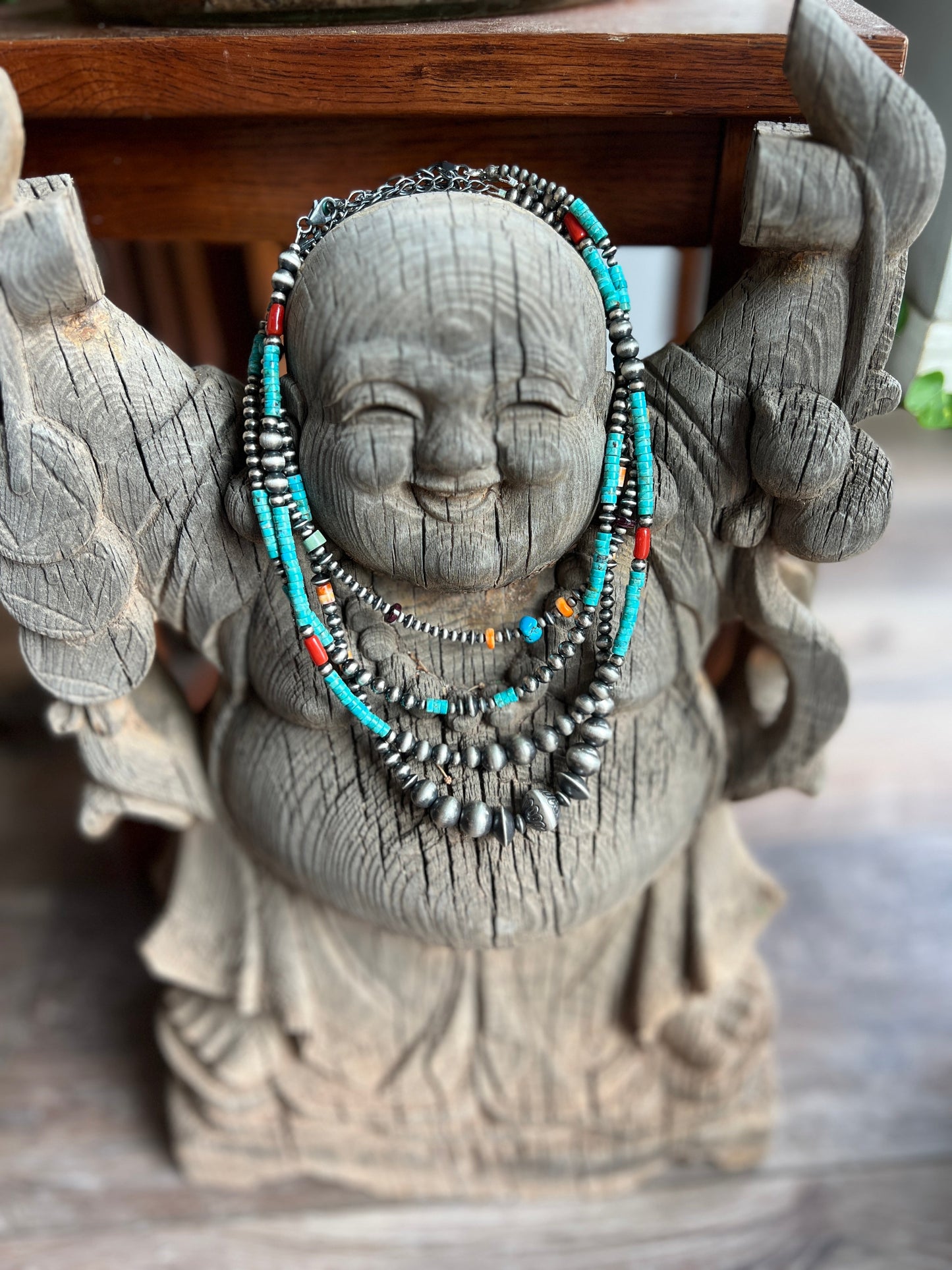 Summer Lovin’ Navajo Beaded Layering Necklace with Sterling Silver and Turquoise, 15” + 2”, The Wave Runner