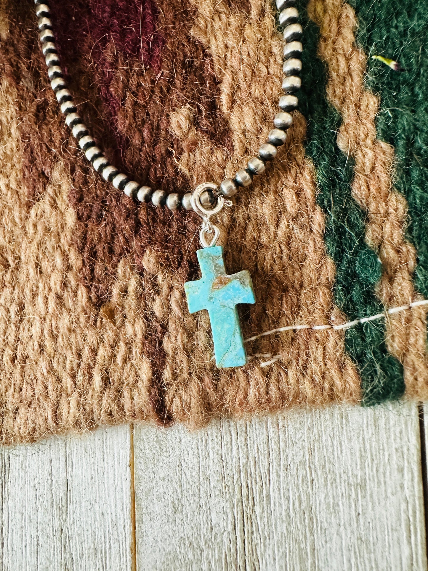 Navajo Hand Carved Turquoise Cross Charm