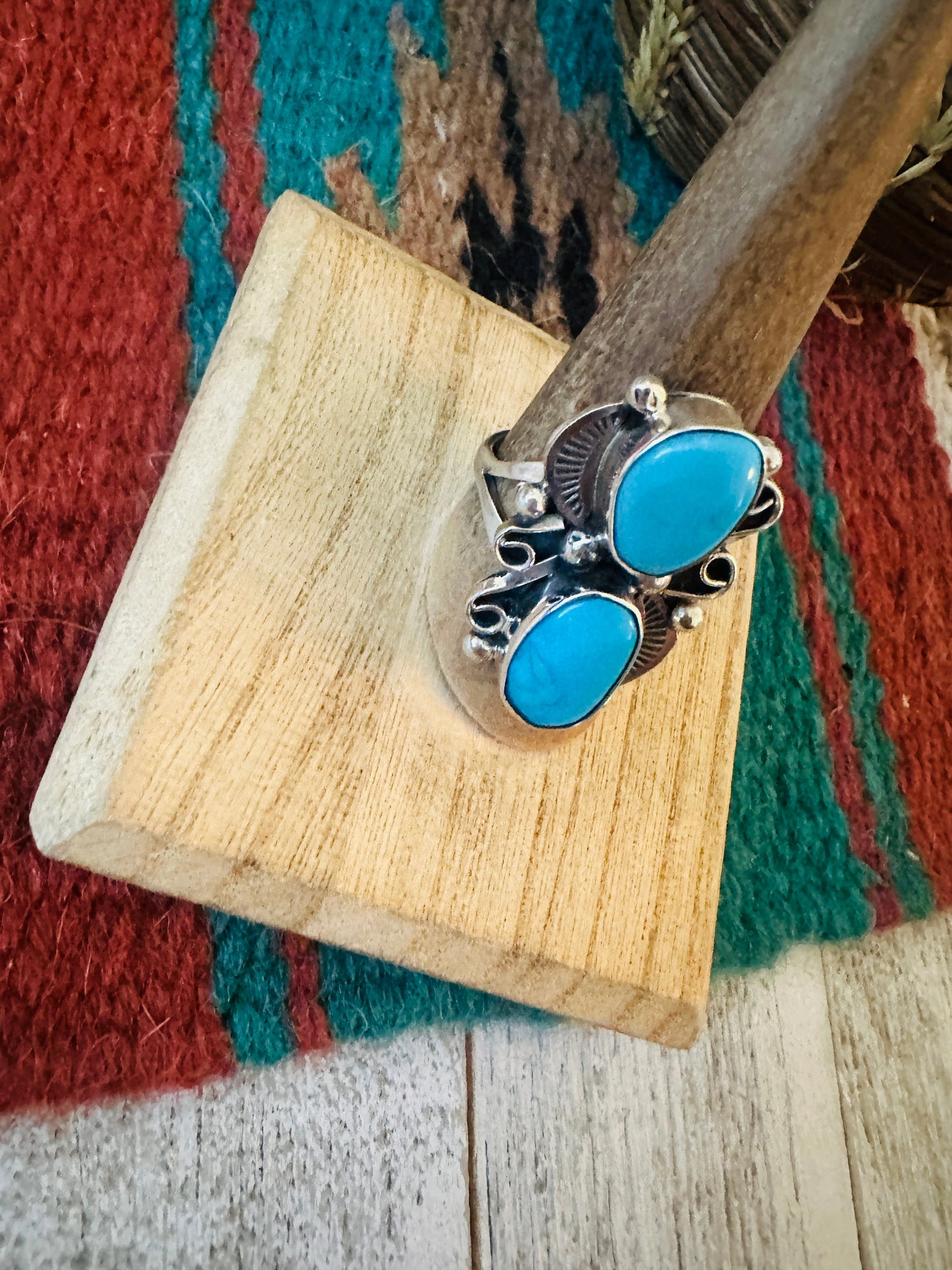 Navajo Turquoise & Sterling Silver Two Stone Ring Size 8.5