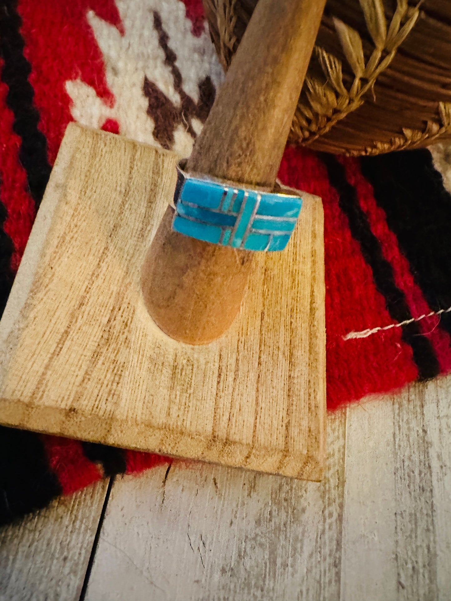 Navajo Turquoise & Sterling Silver Inlay Ring Size 6.75 by Julia Etsitty