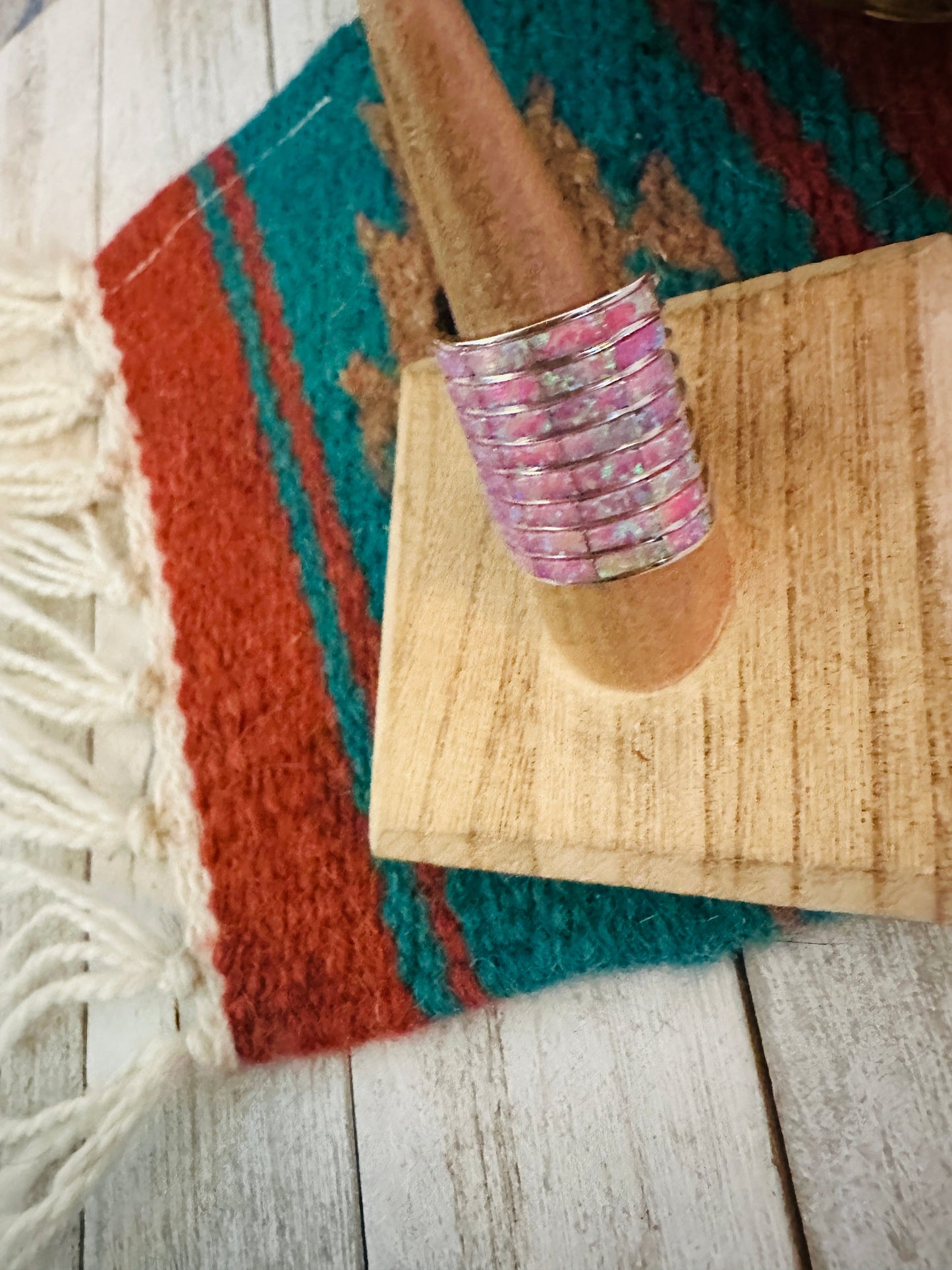 Zuni Sterling Silver & Pink Opal Inlay Band Ring