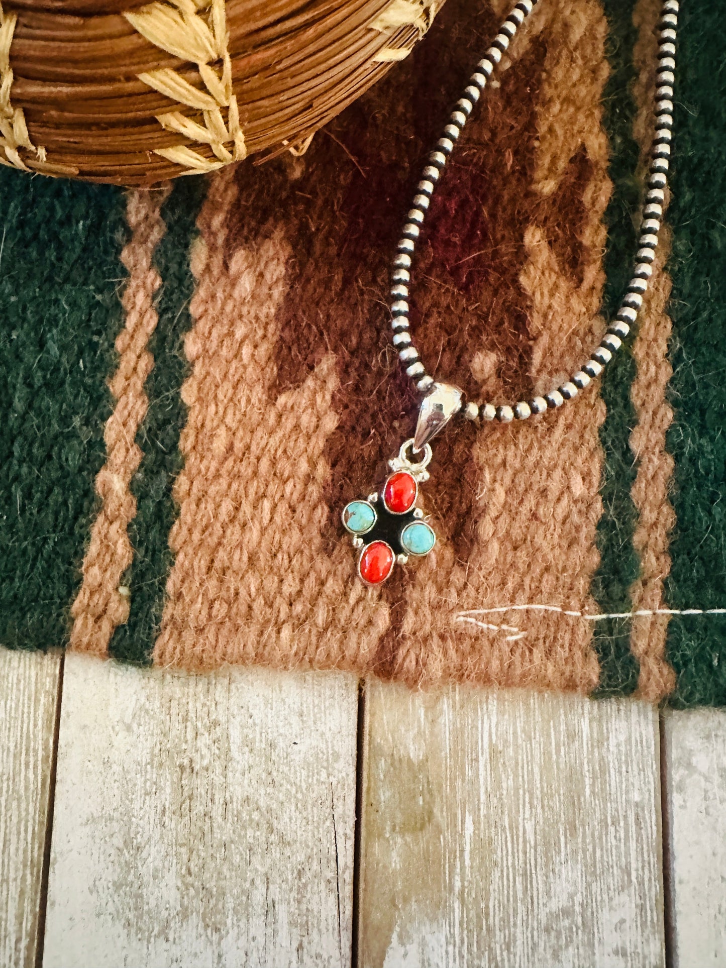 ** Christmas Collection ** Handmade Sterling Silver, Coral & Turquoise Pendant Signed Nizhoni