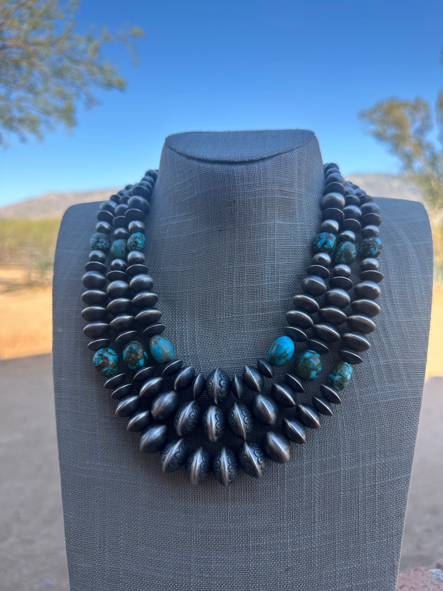 Rose Martin Sterling Silver & Kingman Turquoise Three Strand Navajo Necklace