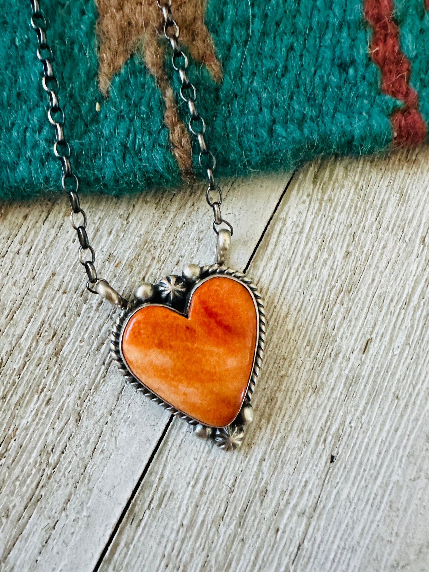 Navajo Sterling Silver & Orange Spiny Heart Necklace