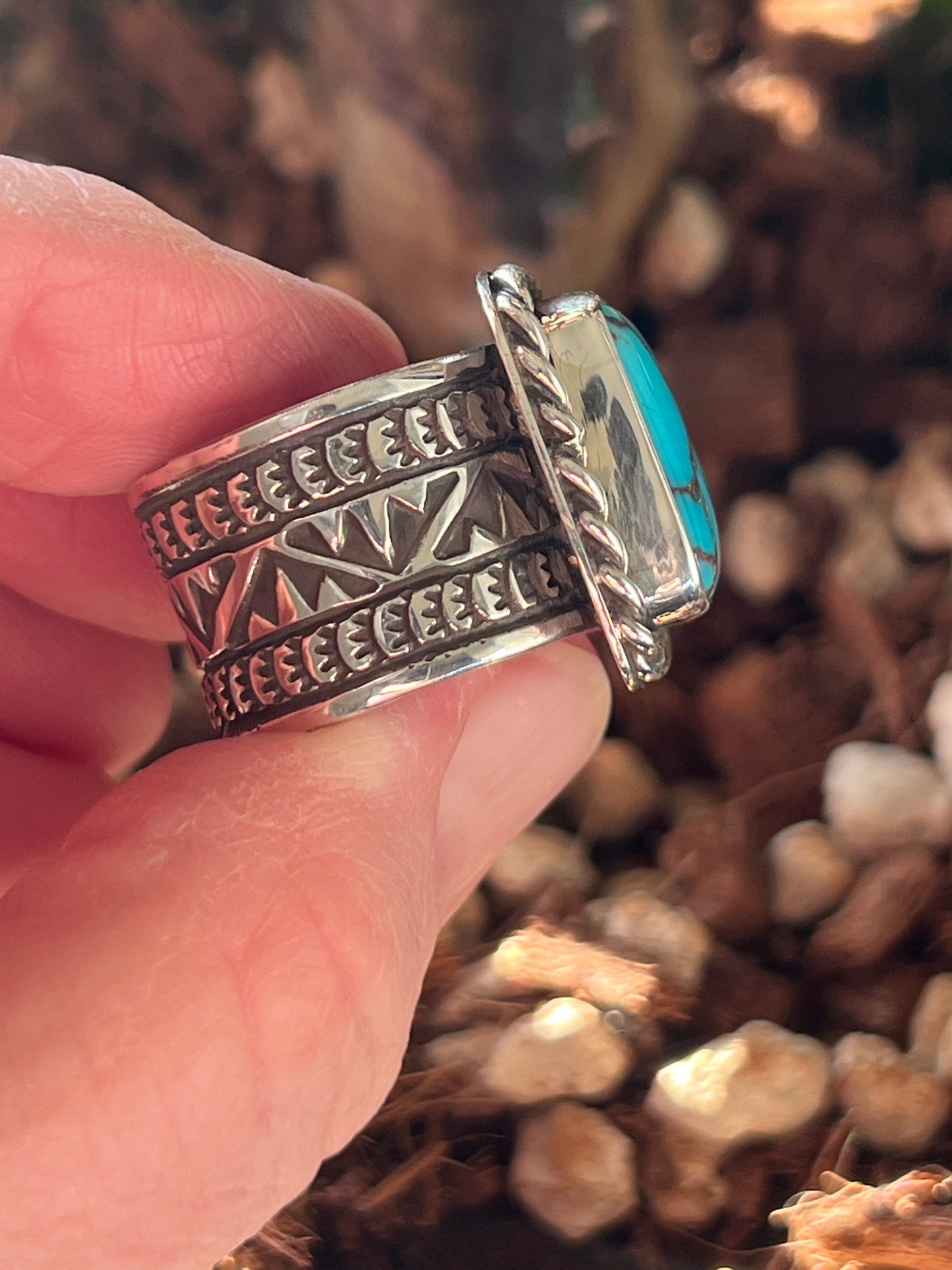 Native Made Hand Stamped Sterling Silver Wide Shank Ring with Egyptian Turquoise by Shaun Rogers, Size 9