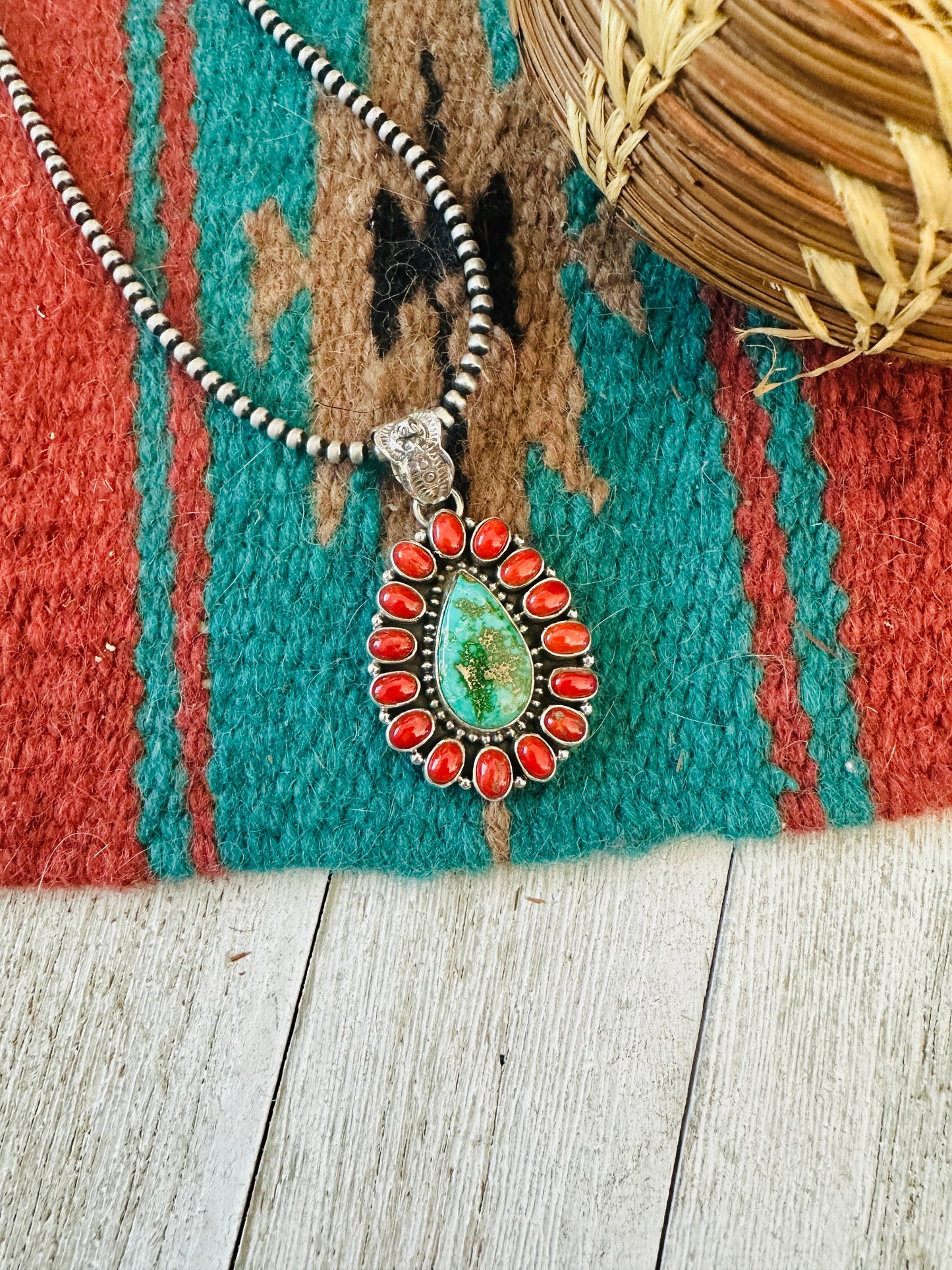 ** Christmas Collection ** Handmade Sterling Silver, Coral & Turquoise Cluster Pendant Signed Nizhoni