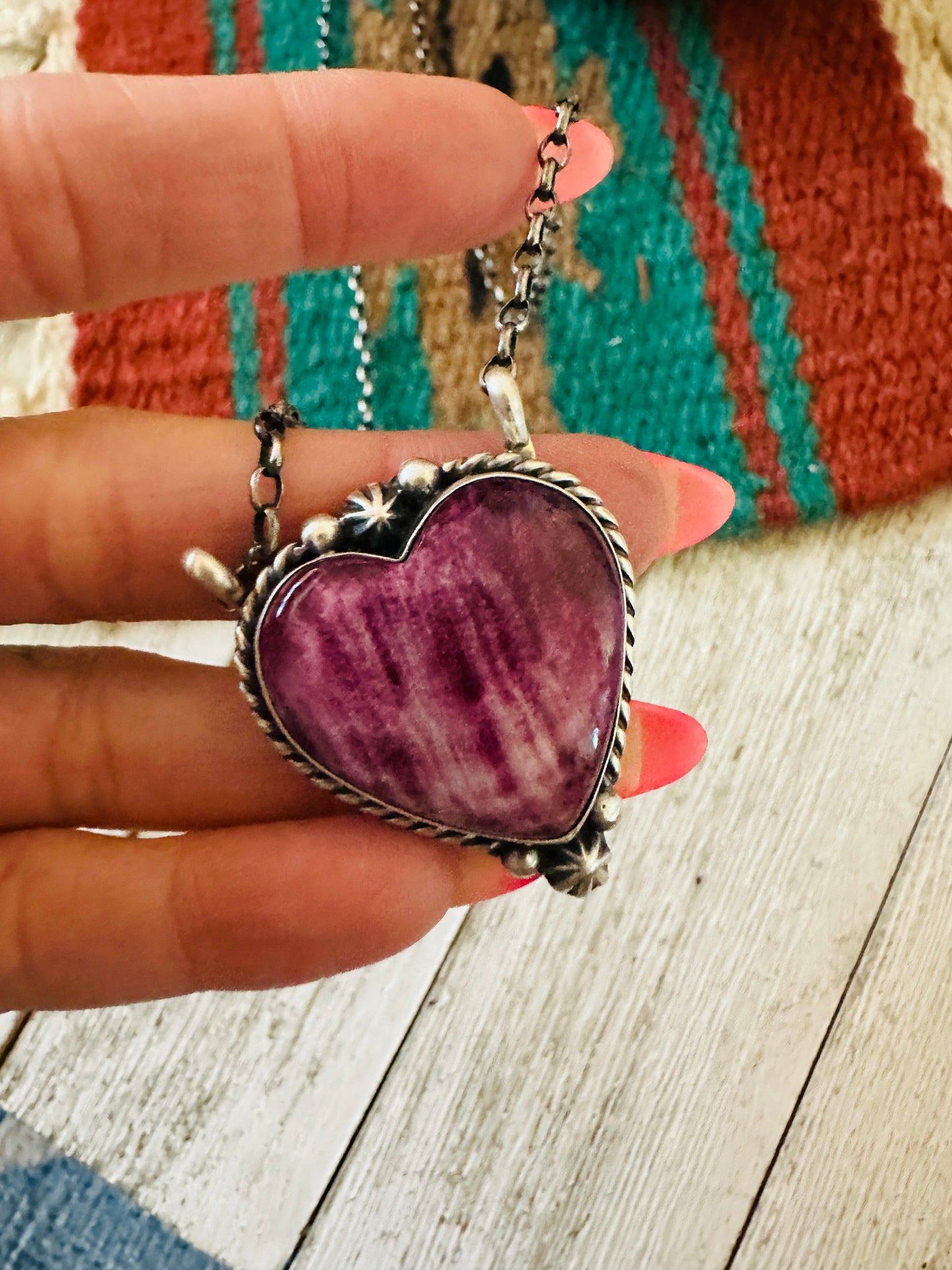 Navajo Sterling Silver & Purple Spiny Heart Necklace