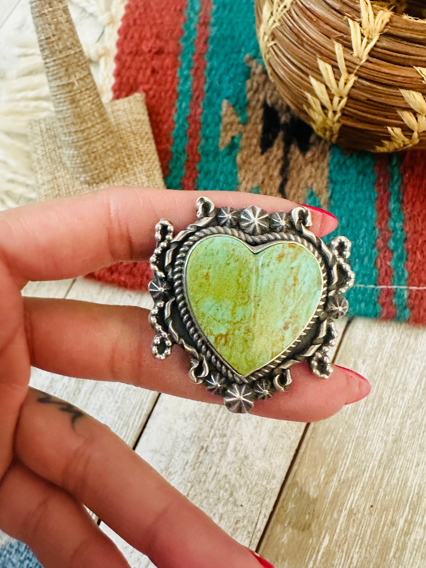 Apache Sterling Silver & Turquoise Heart Ring by Rosella Paxson, Size 9