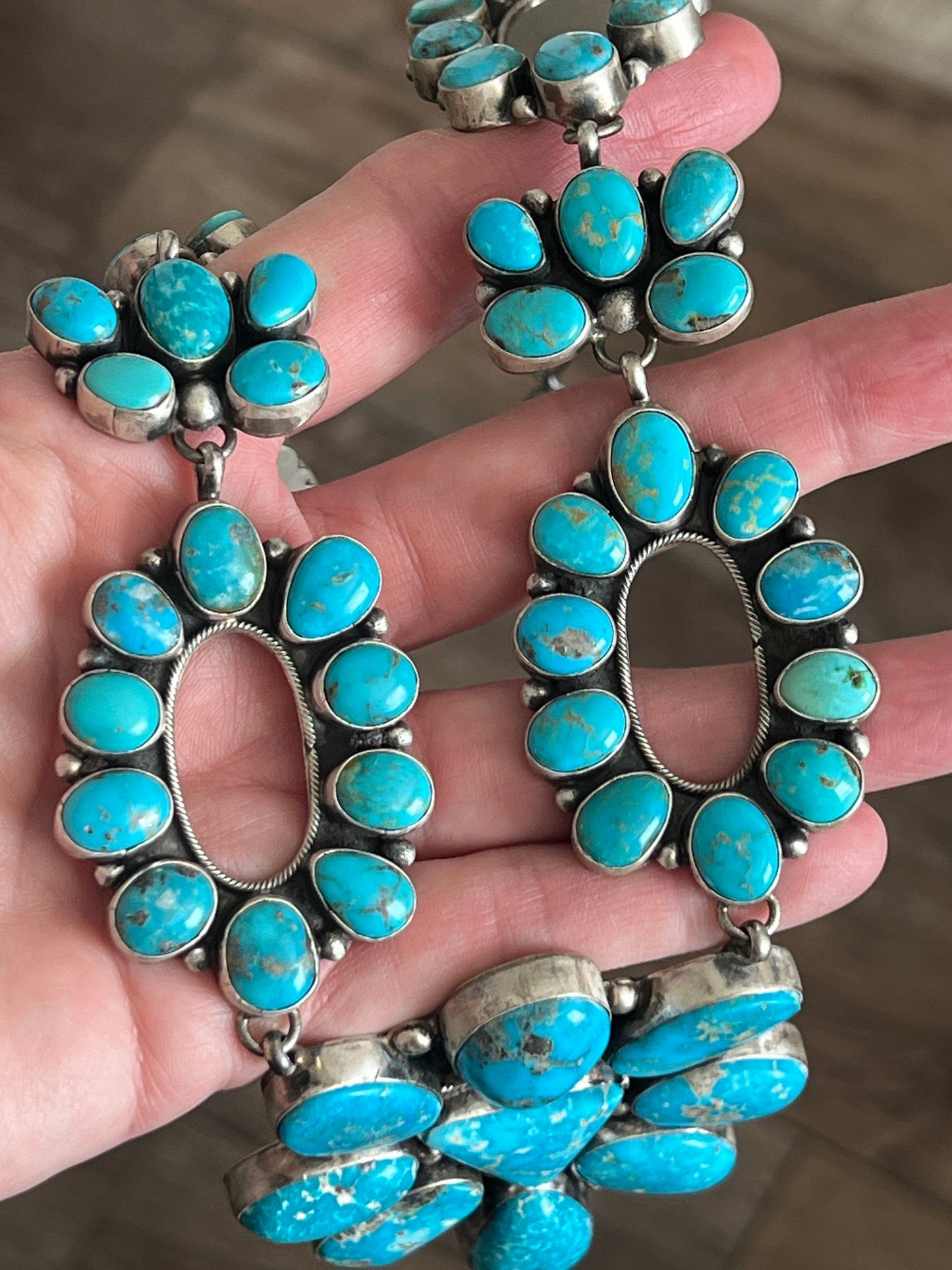 Navajo Sterling Silver and Whitewater Campitos Turquoise Cluster Necklace and Earring Set by Sheila Becenti