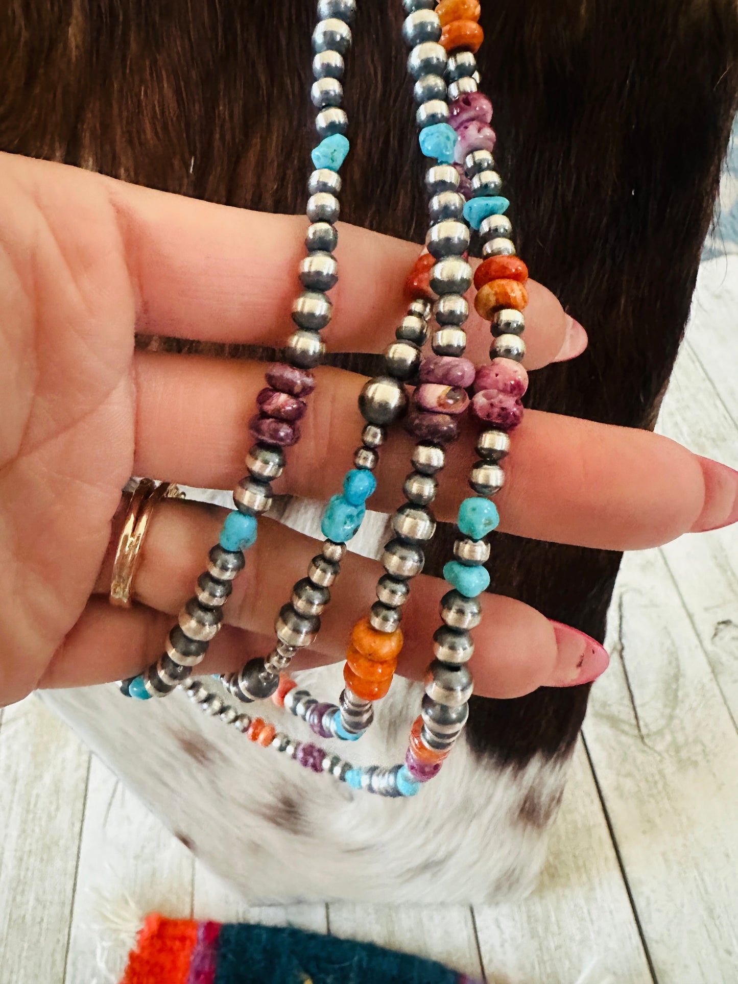 Navajo Sterling Silver, Spiny Oyster & Turquoise Beaded Necklace