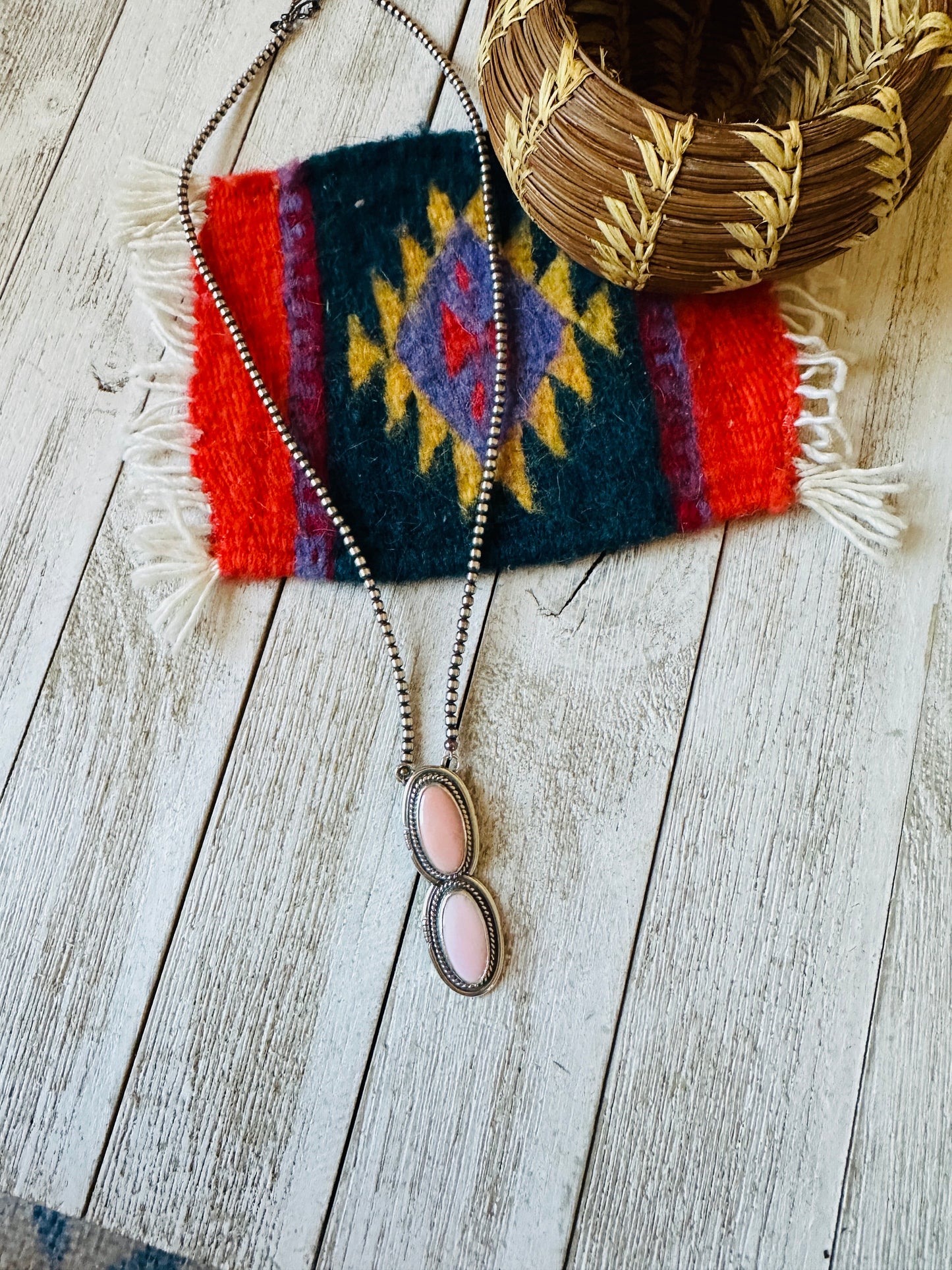 Navajo 2 Stone Queen Pink Conch & Sterling Silver Pearl Beaded Necklace