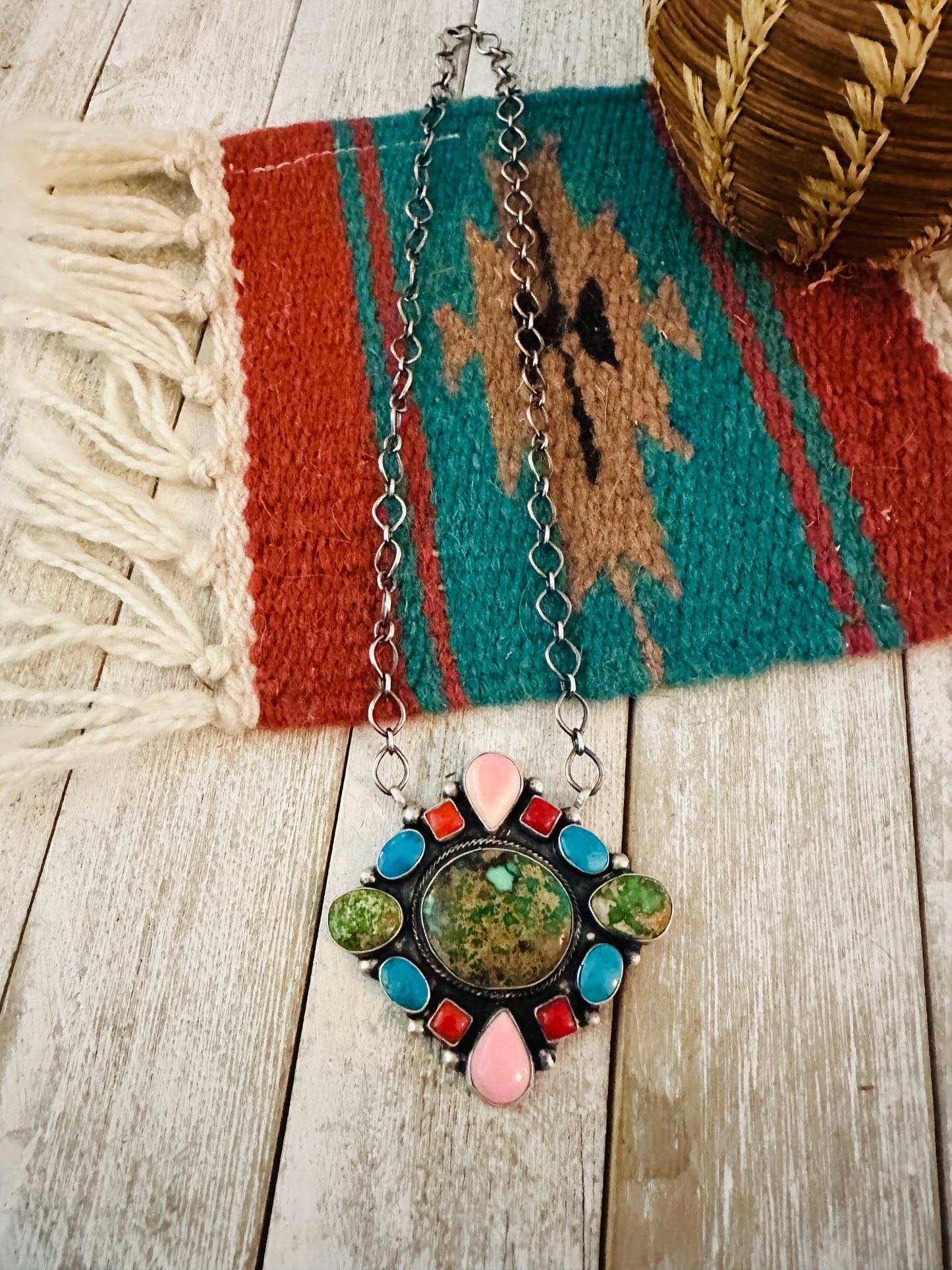 Navajo Sterling Silver & Multi Stone Cluster Necklace