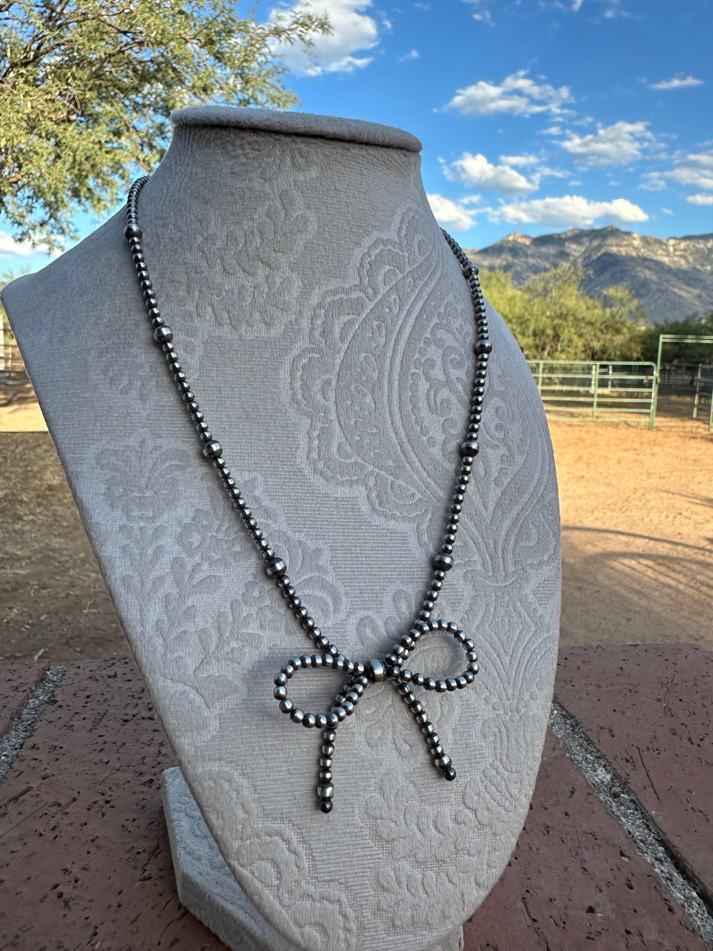 Navajo Made 4-6mm Sterling Silver Pearl Beaded Bow Tie Necklaces