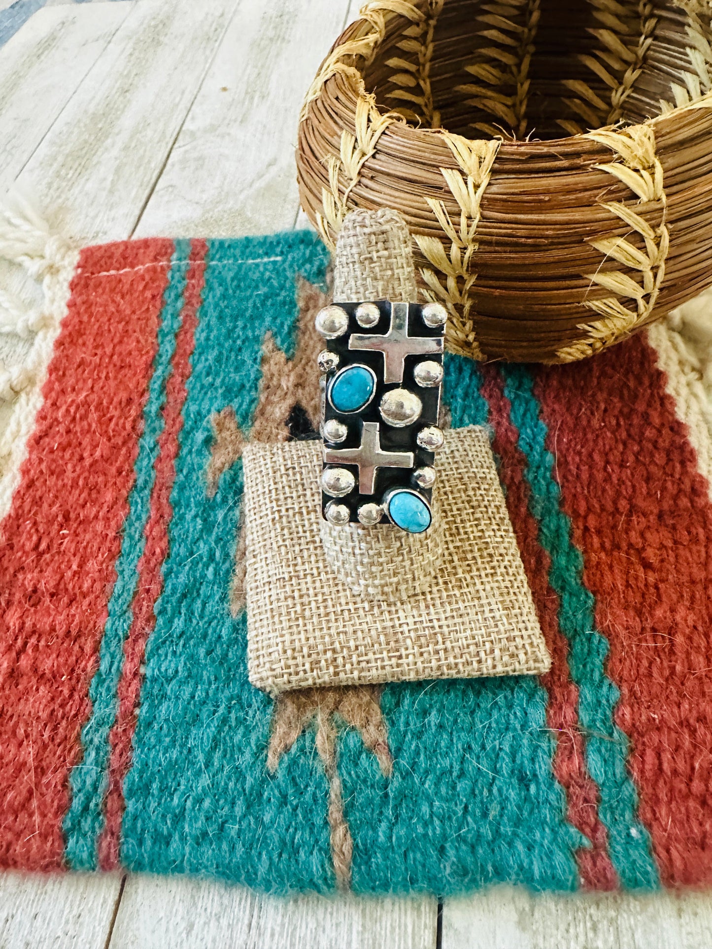 Navajo Turquoise & Sterling Silver Cross Ring Chimney Butte Size 8