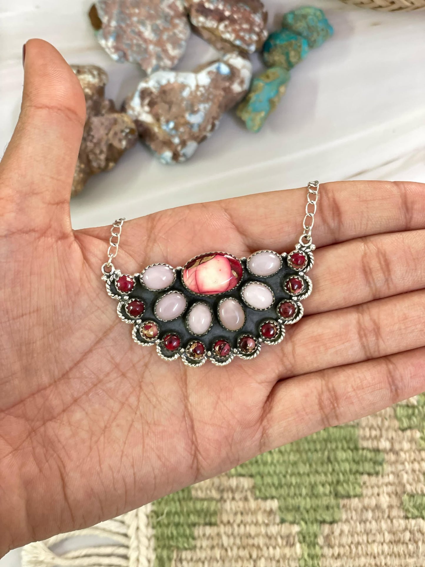 Handmade Sterling Silver ROSE DAHLIA, PINK OPAL Necklace