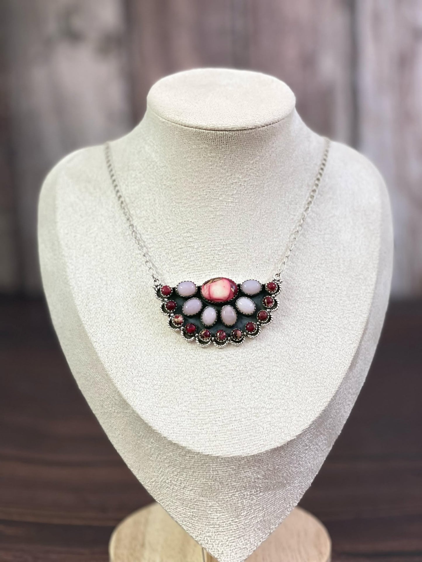 Handmade Sterling Silver ROSE DAHLIA, PINK OPAL Necklace