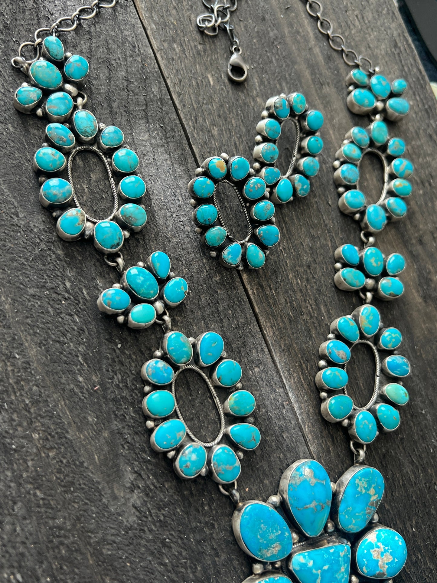 Navajo Sterling Silver and Whitewater Campitos Turquoise Cluster Necklace and Earring Set by Sheila Becenti