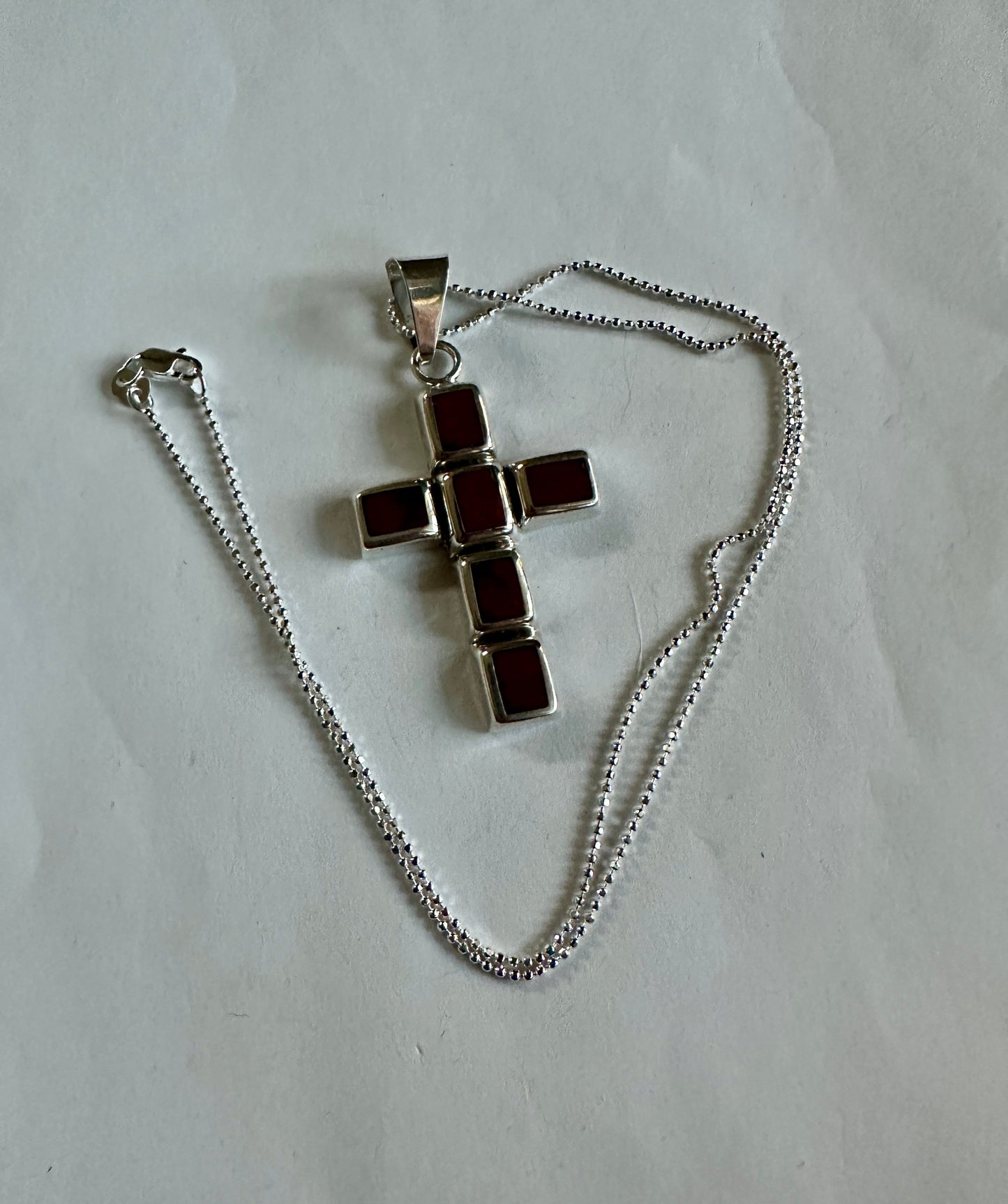 Red Jasper Mosaic Cross Pendant Necklace