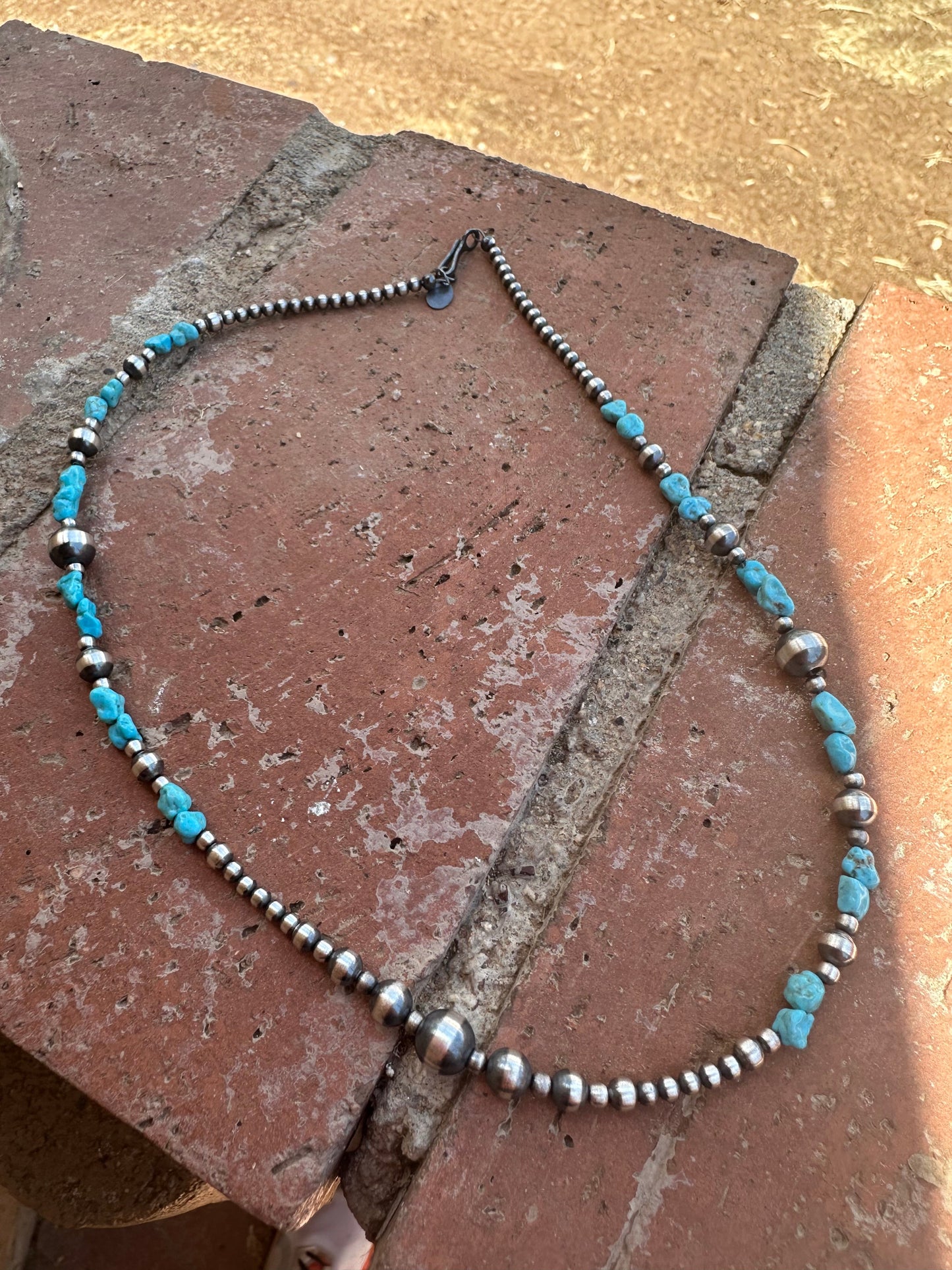 Navajo Kingman Turquoise & Sterling Silver 3mm-8mm Beaded Necklace