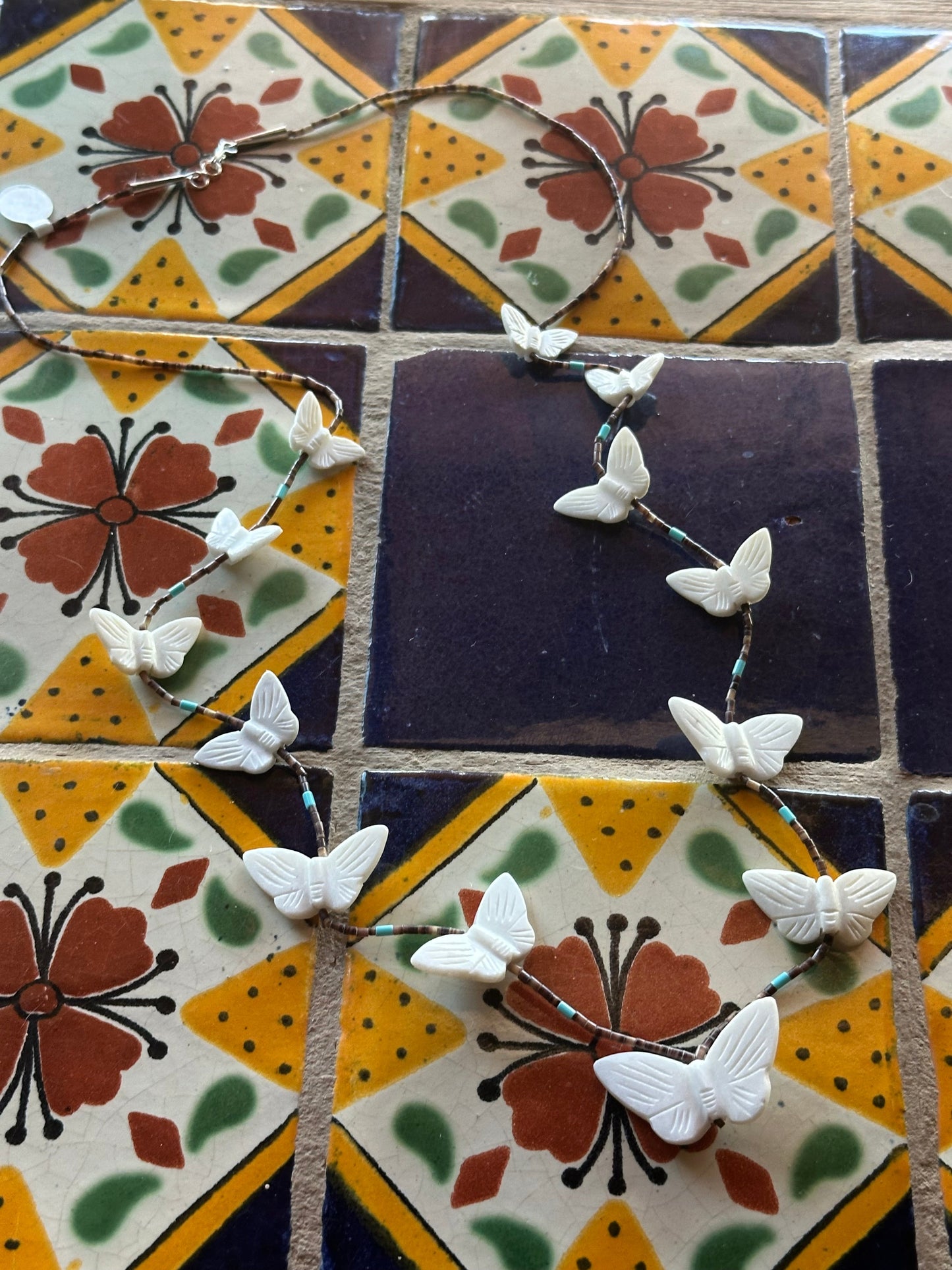 Zuni Multi Stone & Heishi Beaded Butterfly Fetish Necklace