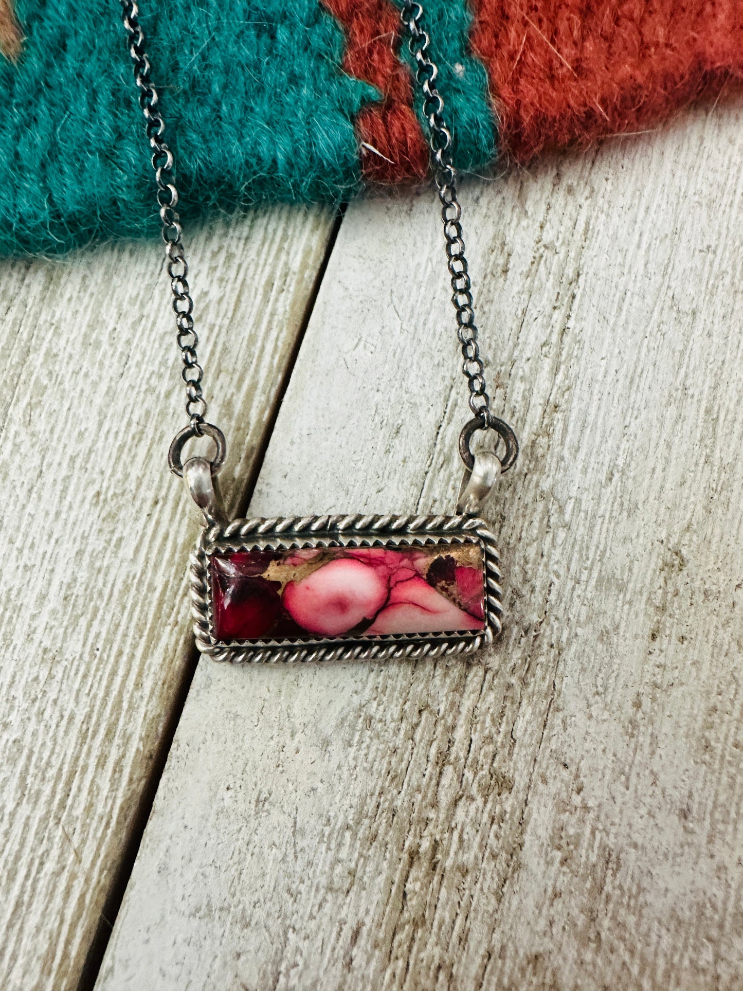 Navajo Rose Dahlia & Sterling Silver Bar Necklace