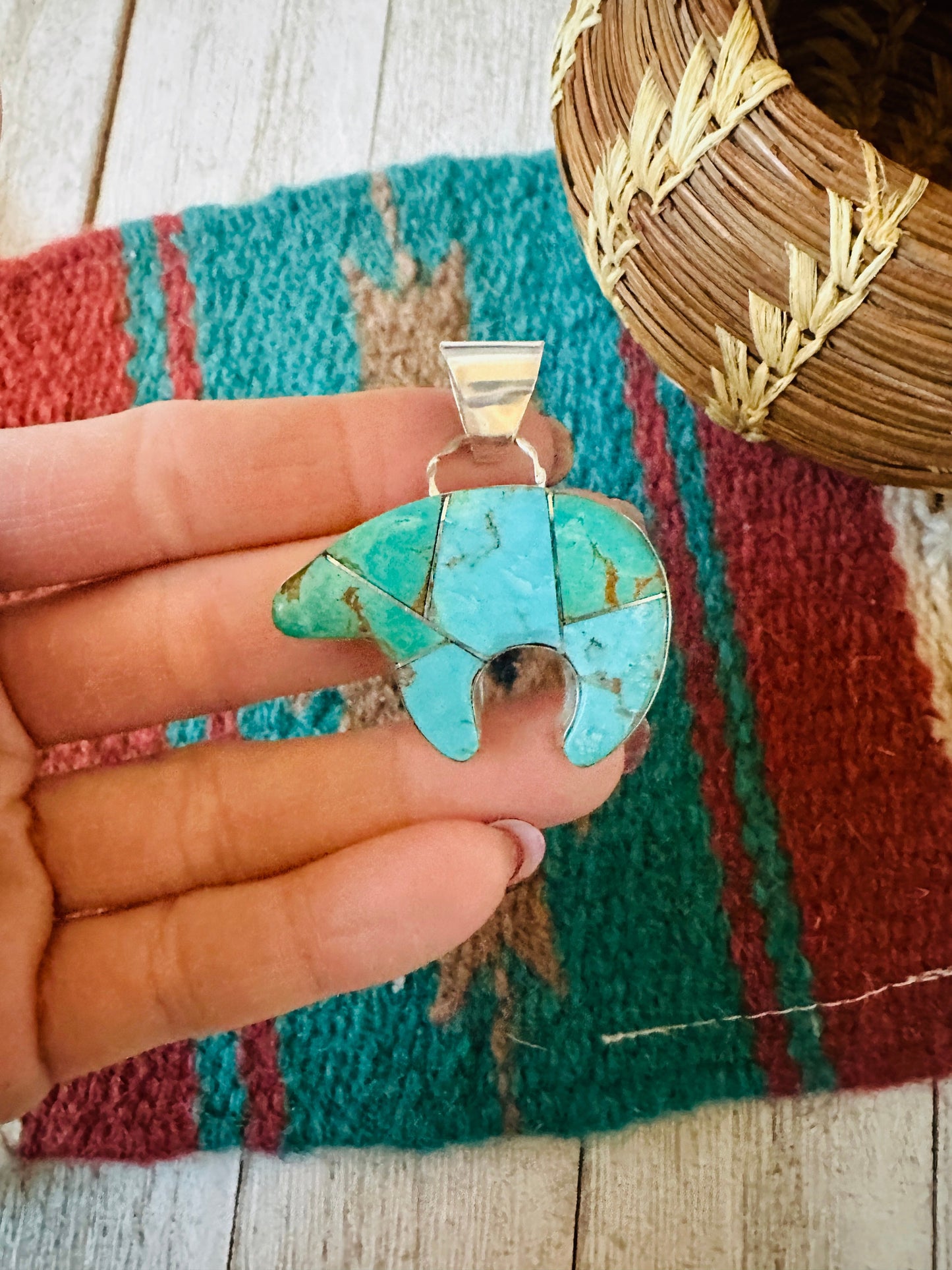 Navajo Turquoise & Sterling Silver Inlay Fetish Bear Pendant