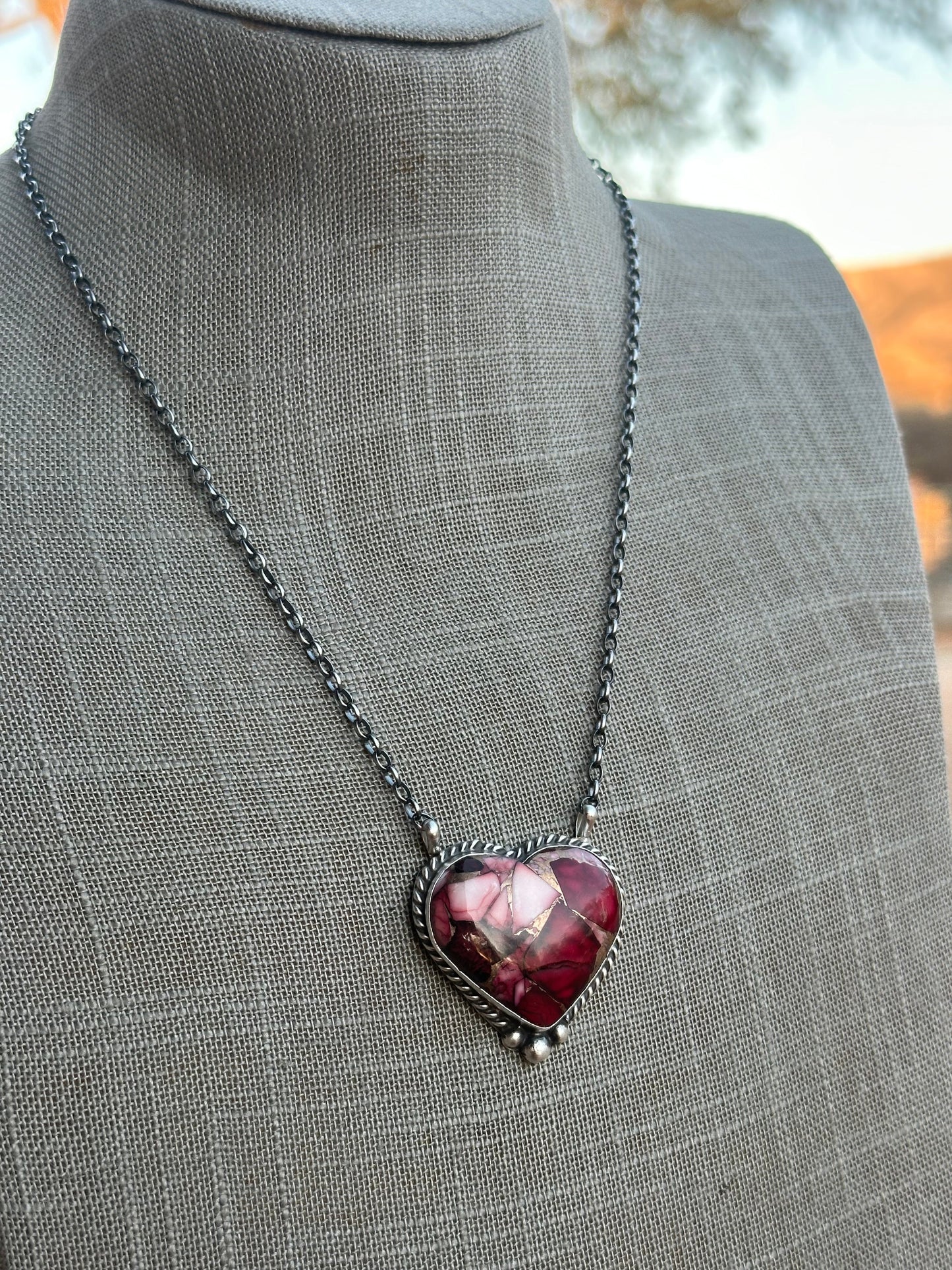 Navajo Rose Dahlia & Sterling Silver Heart Necklace